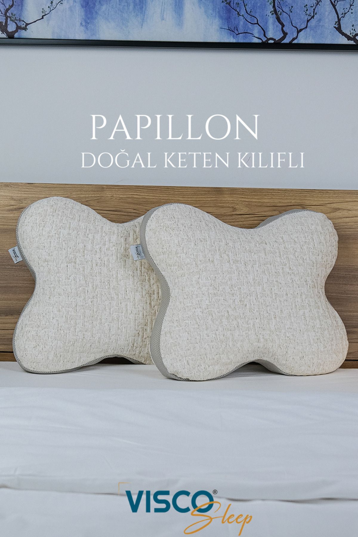 visco sleep Kelebek Visco Yastık Ergonomik Yastık Papillon Doğal Keten Kılıflı Yastık 45x50x15 cm