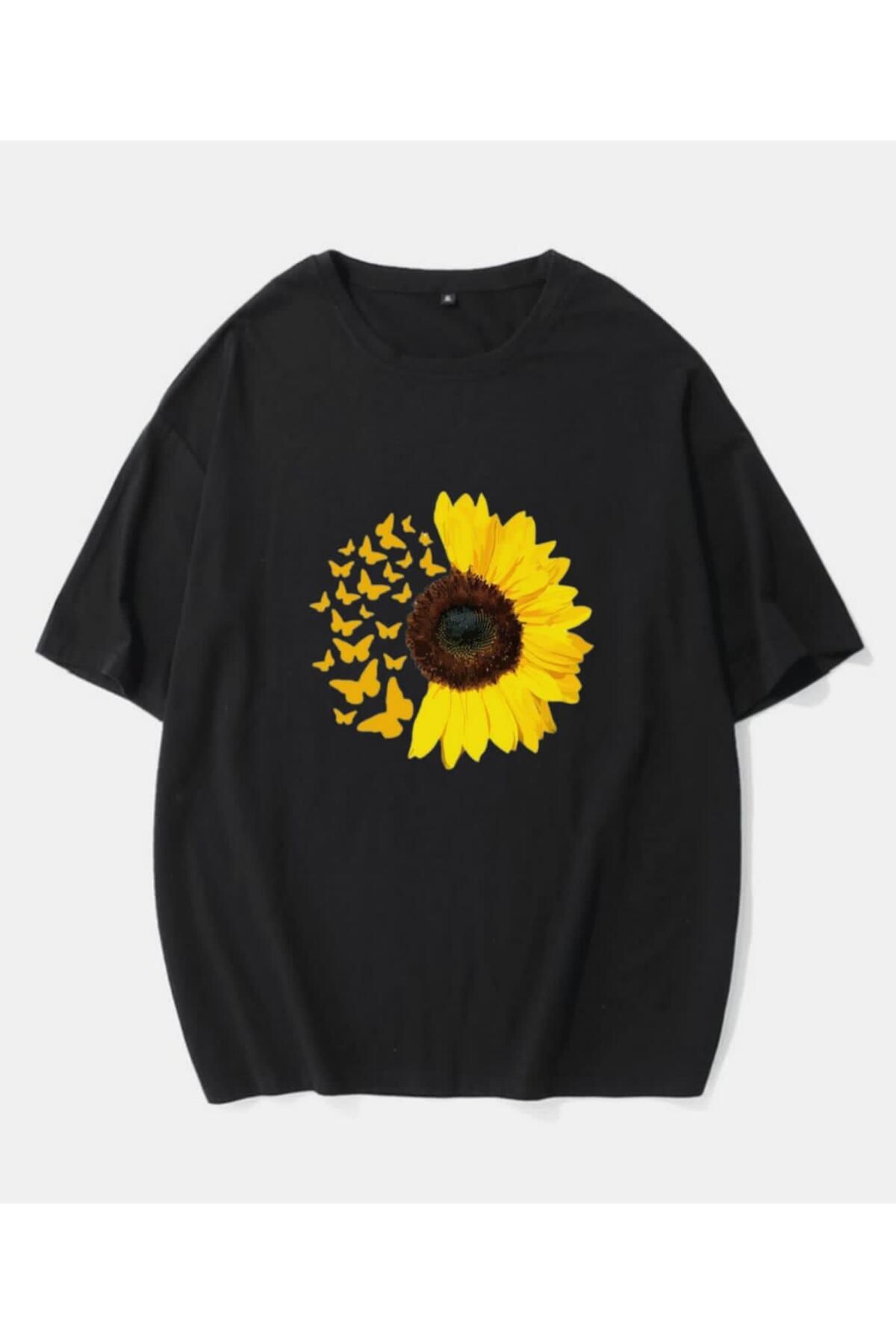 Elvino Bisiklet Yaka Ay Çiçeği Baskılı Oversize Beyaz-siyah Tshirt