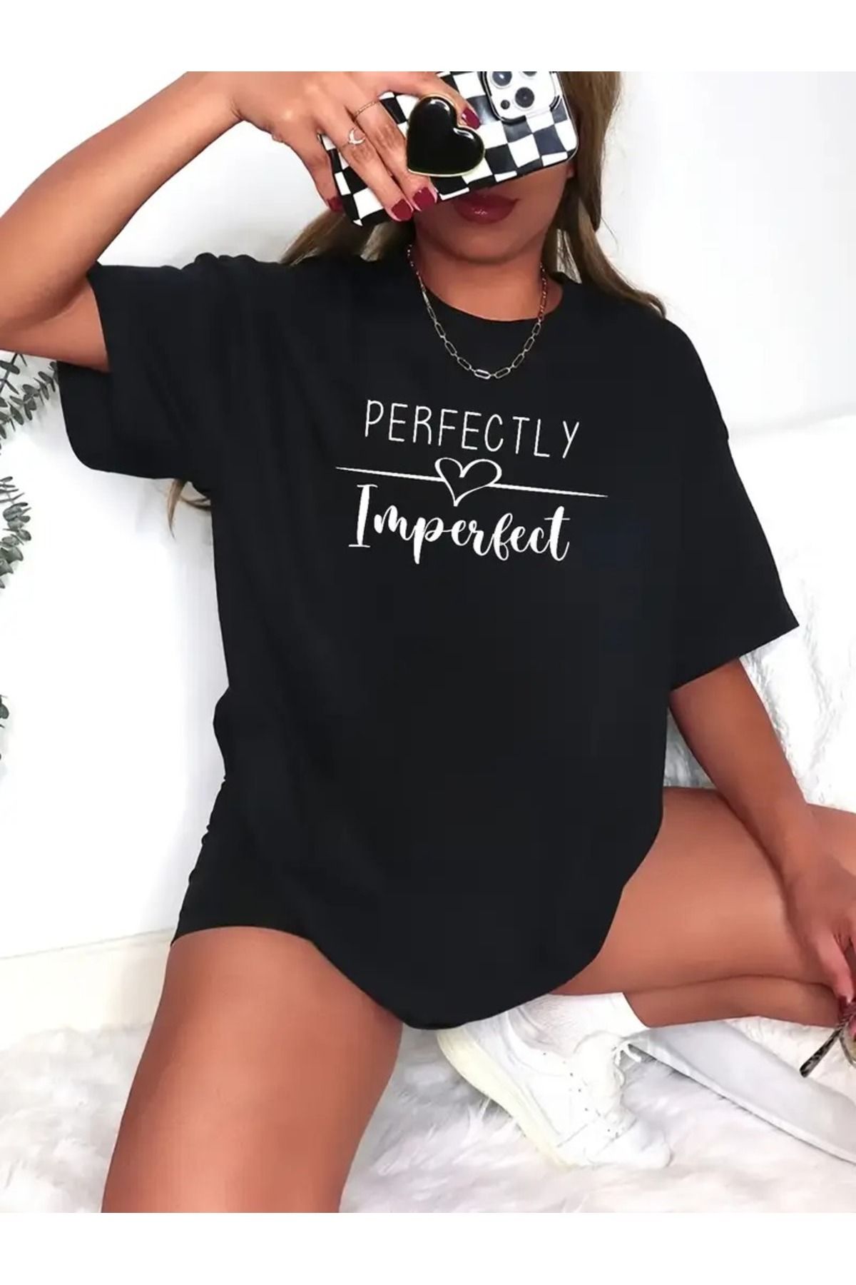 JoneBase Unisex Perfectly Kalp Baskılı Oversize  %100 Pamuk T-shirt