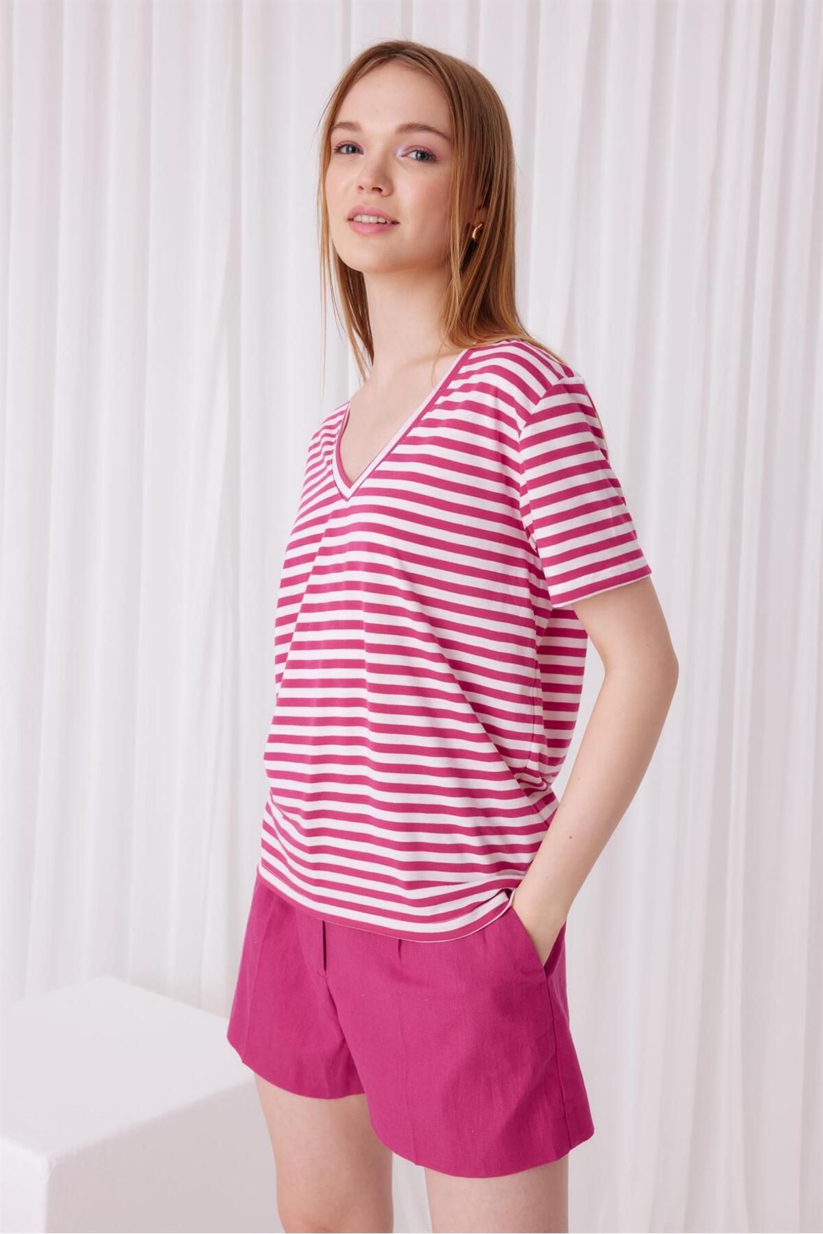TUBİA-Women's Fuchsia Color Striped Short Sleeve T-Shirt 2
