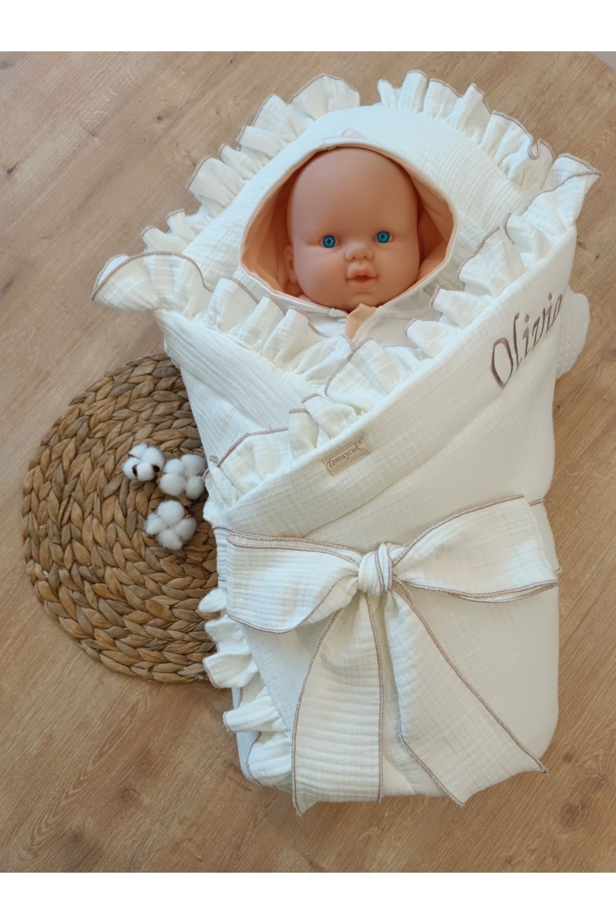 Tomuycuk 4 Katlı Müslin Bebek Battaniyesi Ekru Kız Erkek Bebek Dış Kundak Hastane Çıkışı Hediyelik Yenidoğan fotoğrafı 2 (önizleme)