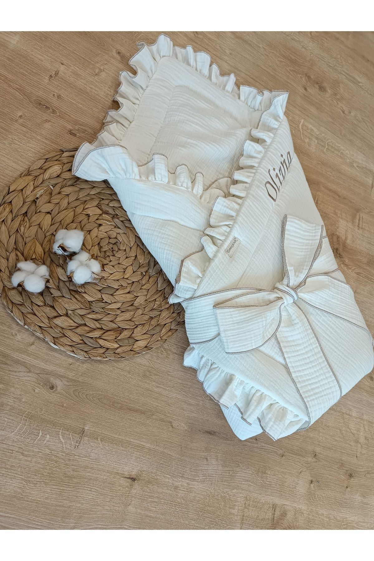 Tomuycuk 4 Katlı Müslin Bebek Battaniyesi Ekru Kız Erkek Bebek Dış Kundak Hastane Çıkışı Hediyelik Yenidoğan fotoğrafı 7 (önizleme)