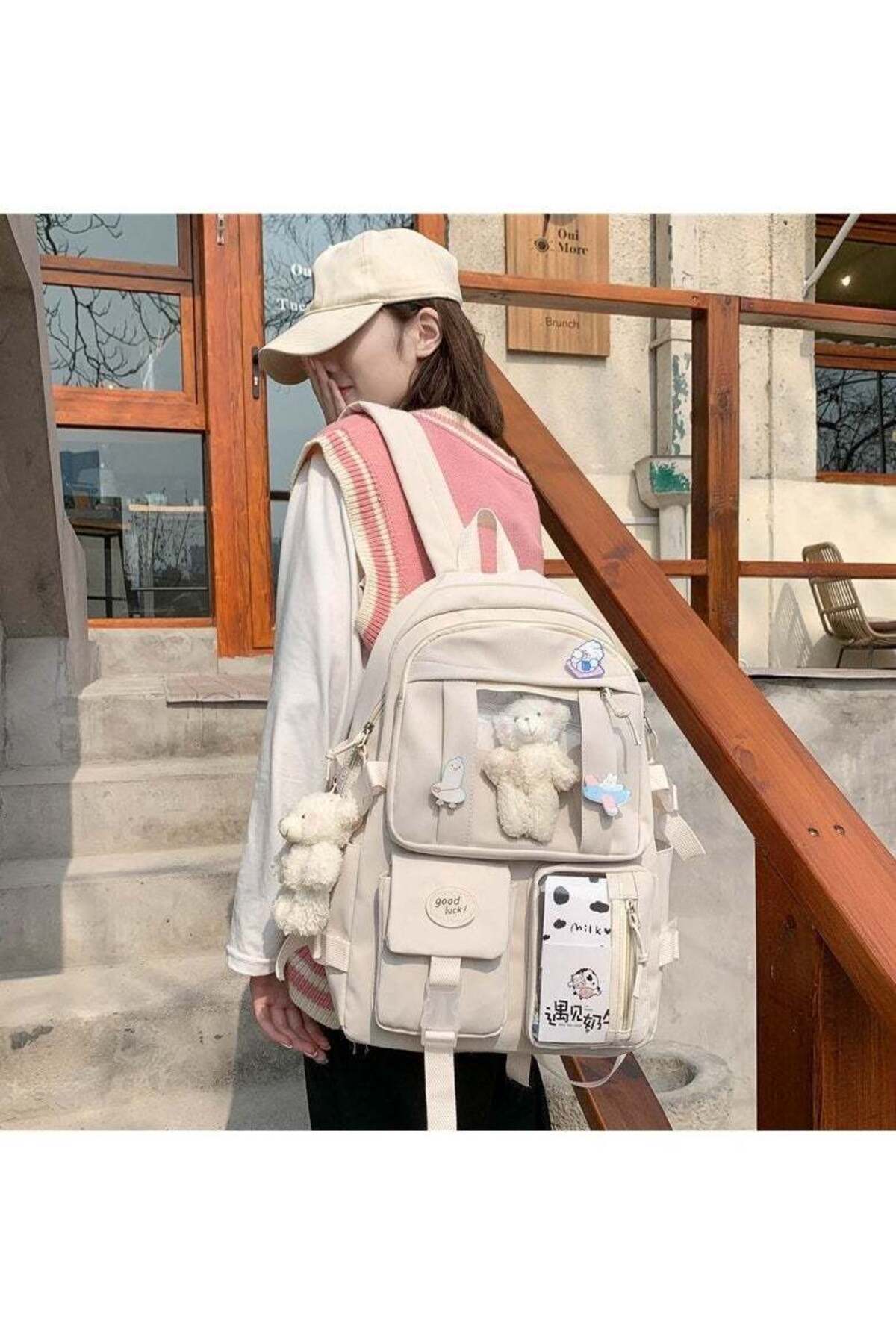 COOYA-School Shoulde Backpack with Cute Plush Pendant, Aesthetic Cute Waterproof, for Children's(White) 3