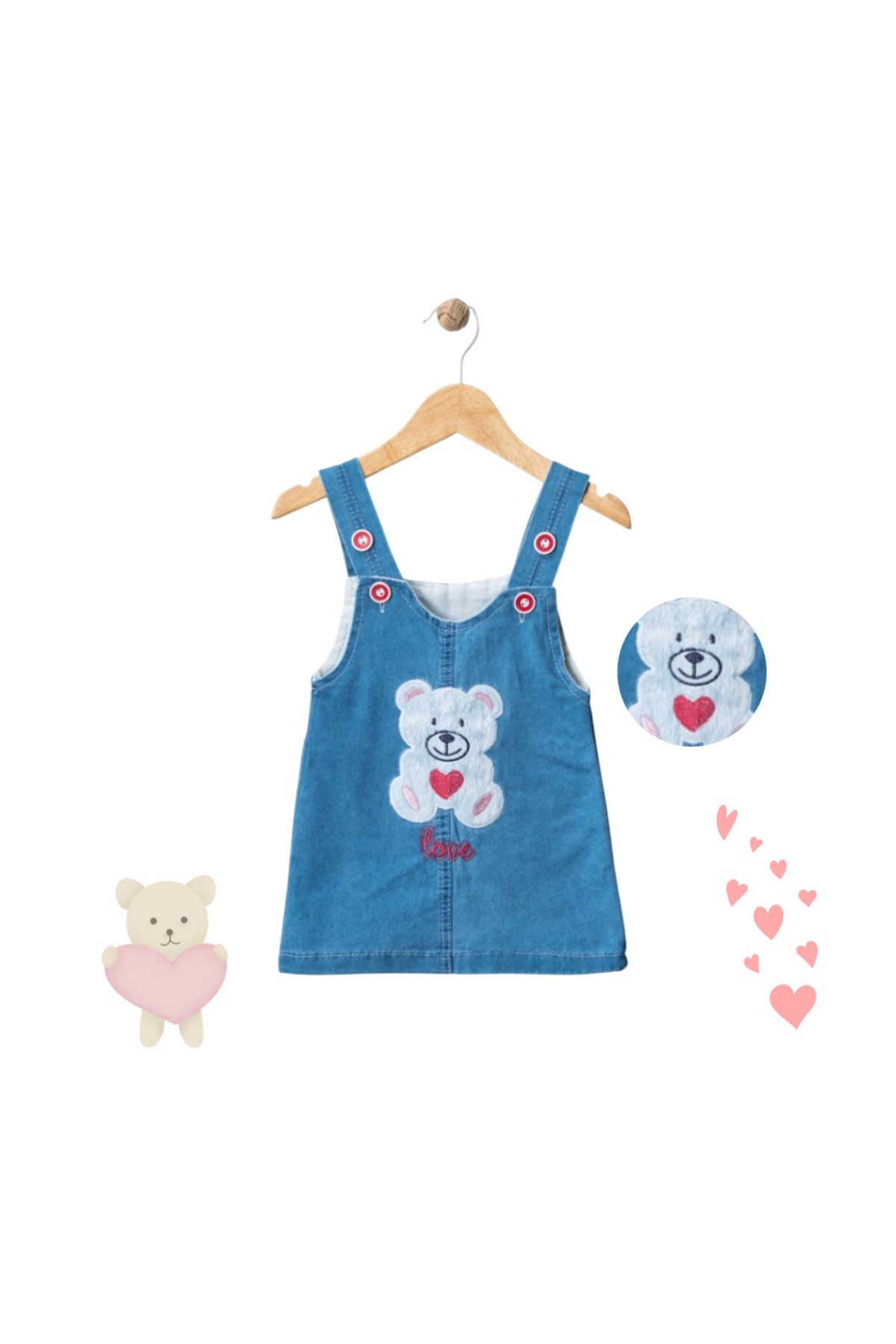 atishpoli Kız Çocuk Düğme Kapamalı Ayıcık İşlemeli Kot Jile Elbise 1-2-3-4 Yaş fotoğrafı 3 (önizleme)