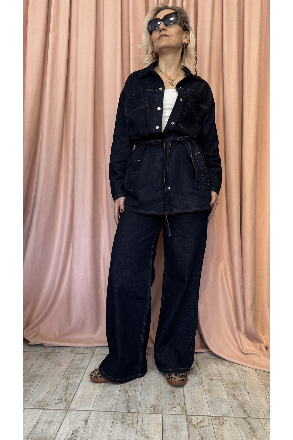 LEVURE-Denim Belt Detail Long Jacket 8