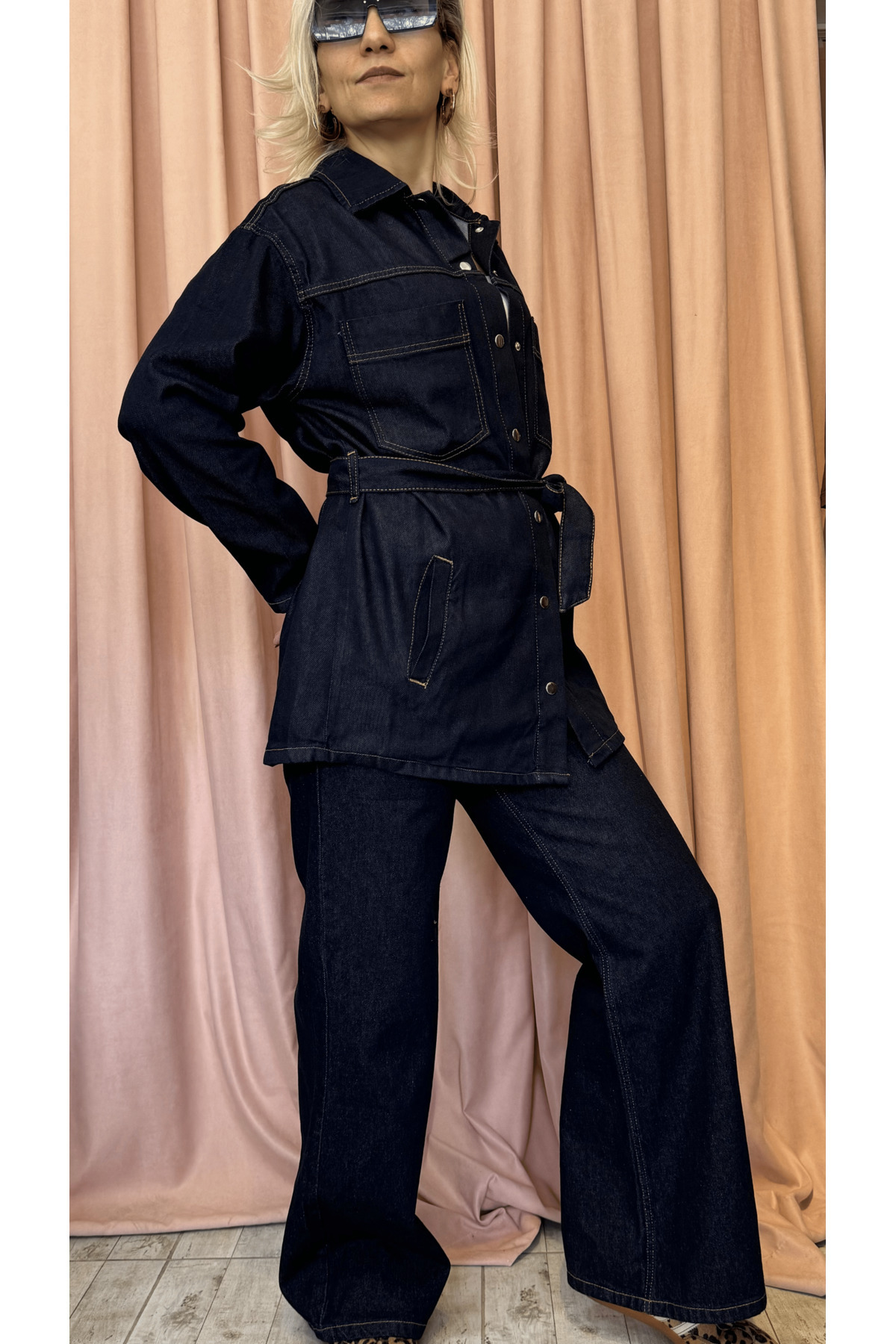 LEVURE-Denim Belt Detail Long Jacket 3