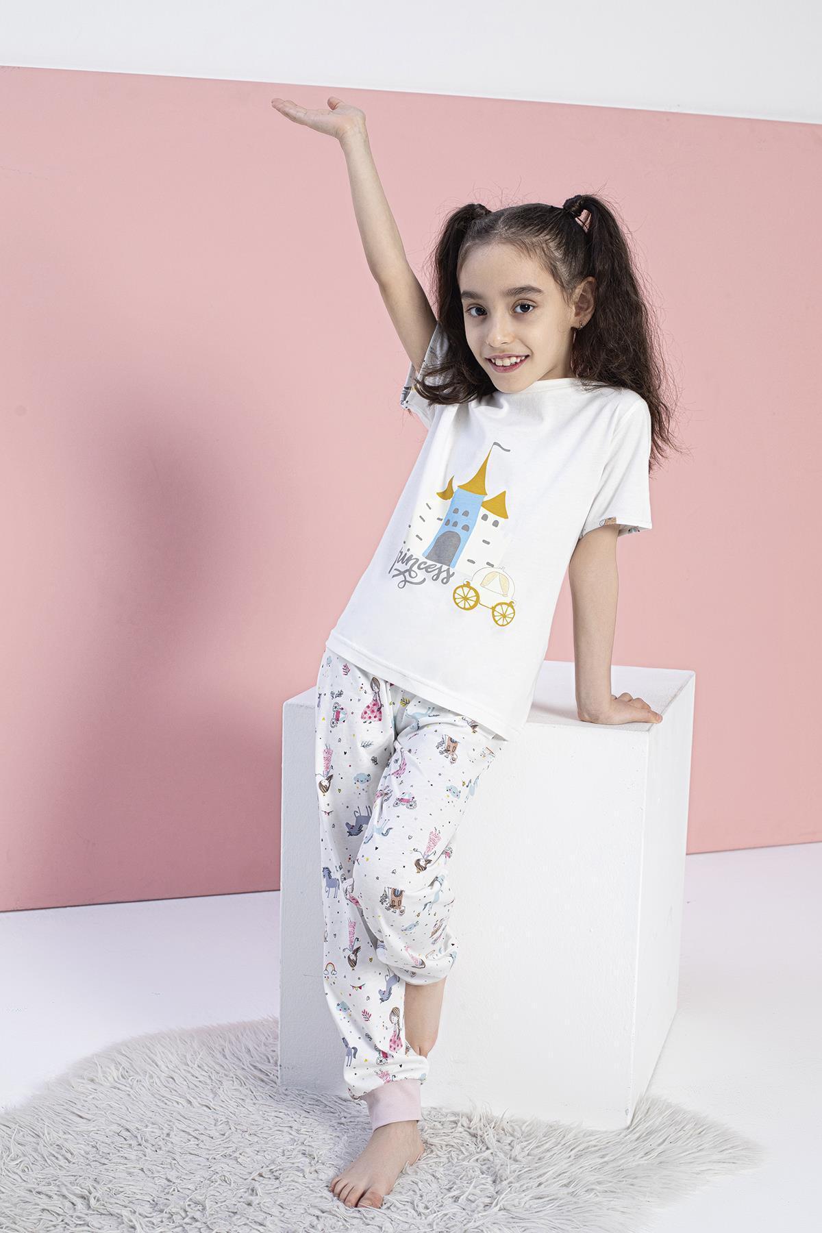 Girls Short Sleeve Ecru Pajamas SetC0T6N0O-046