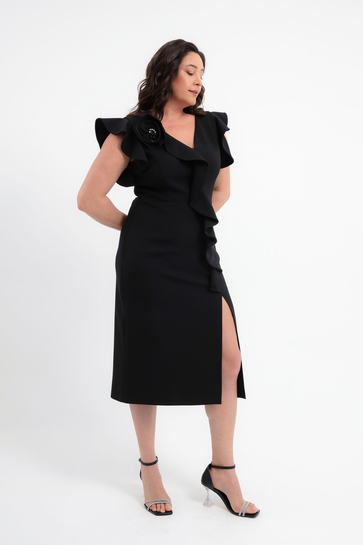 Lafaba-Women's Black Rose Detail Slit Plus Size Midi Evening Dress 2