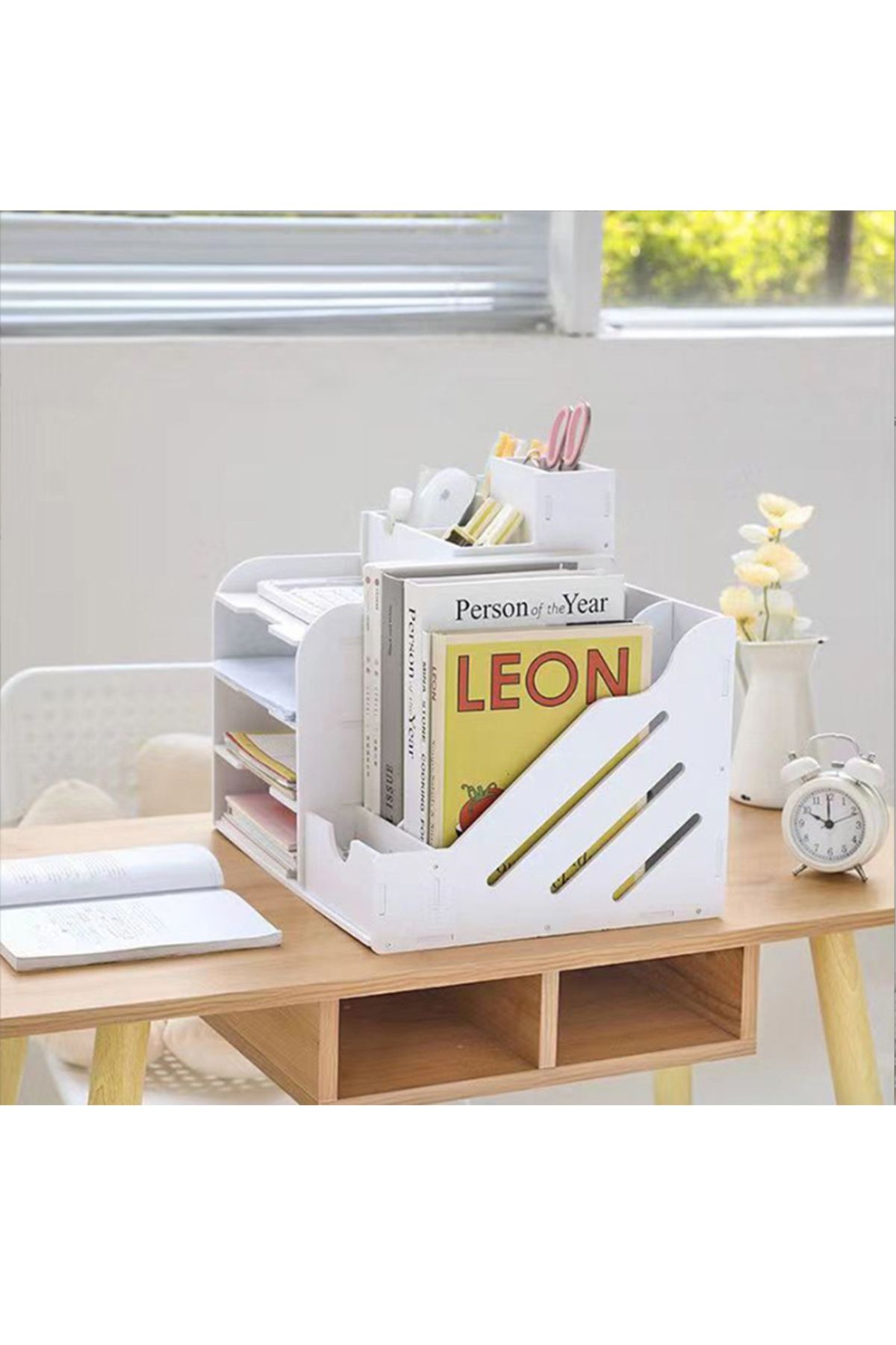 KidLe-4 Tier Office White Desktop Organizer A4 Paper File Rack with Vertical Horizontal File 5