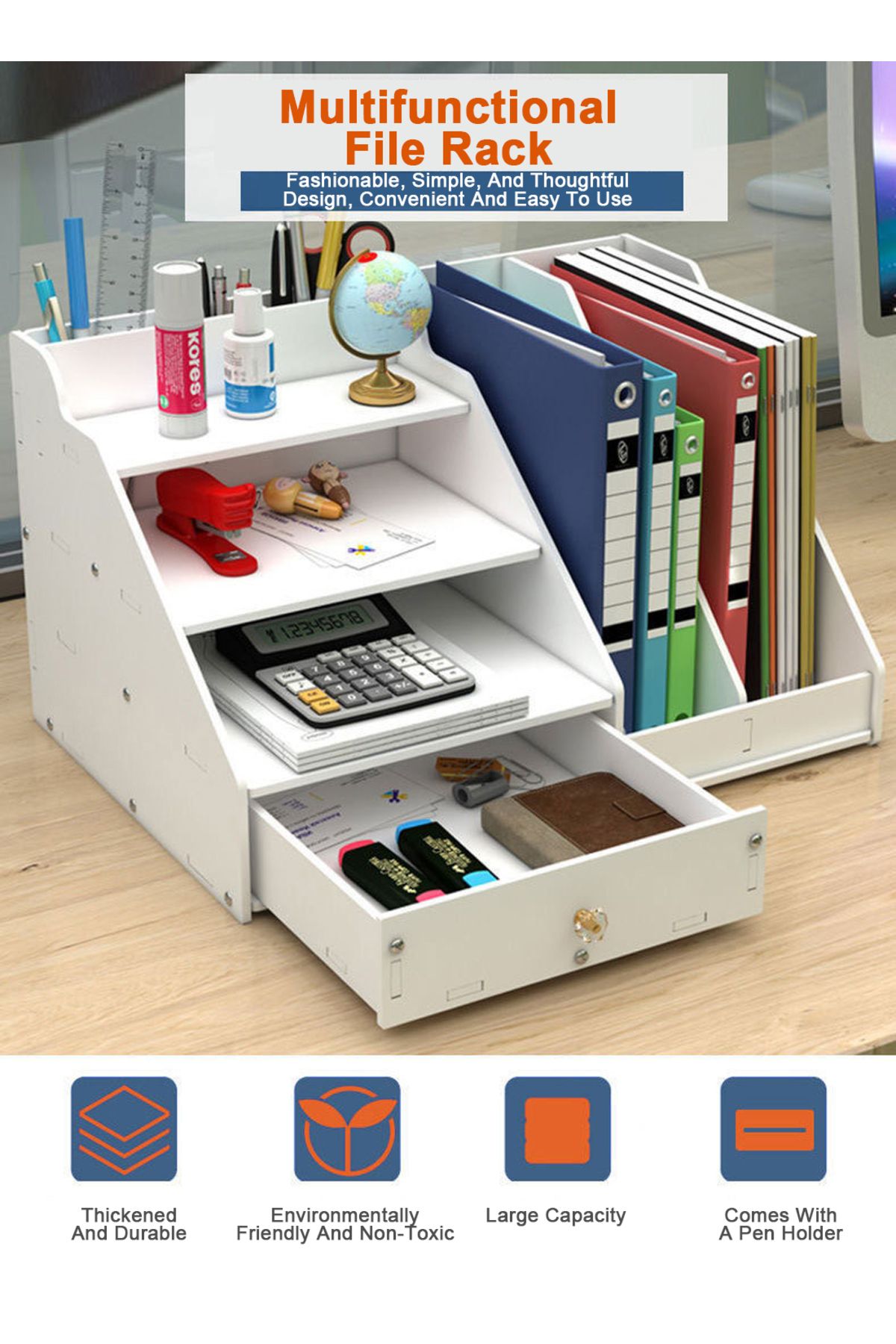 KidLe-4 Tier Office White Desktop Organizer A4 Paper File Rack with Vertical Horizontal File 6