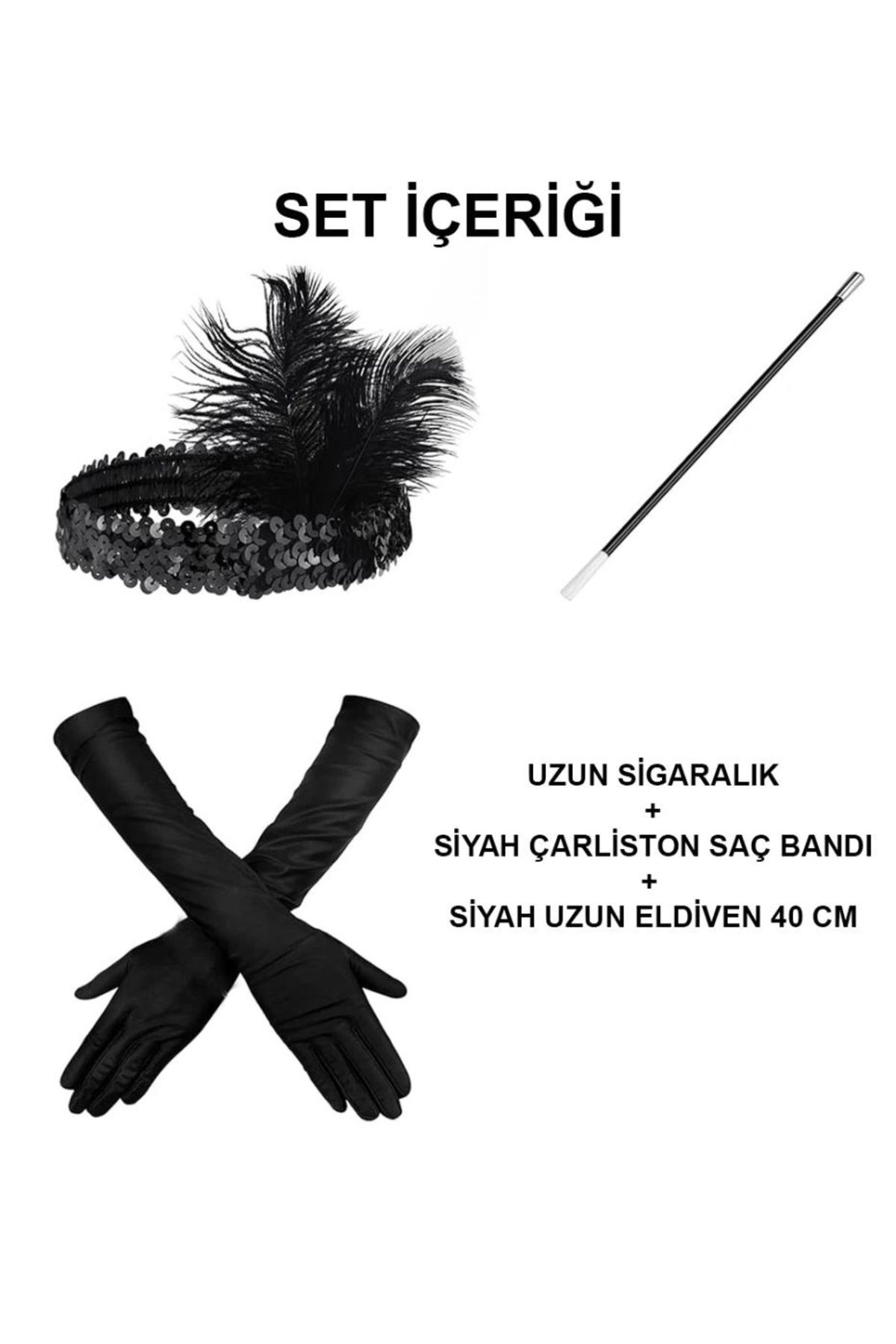 Finetoo Gatsby Aksesuar Seti Siyah Charleston Saç Bandı Uzun Eldiven ve Sigaralık