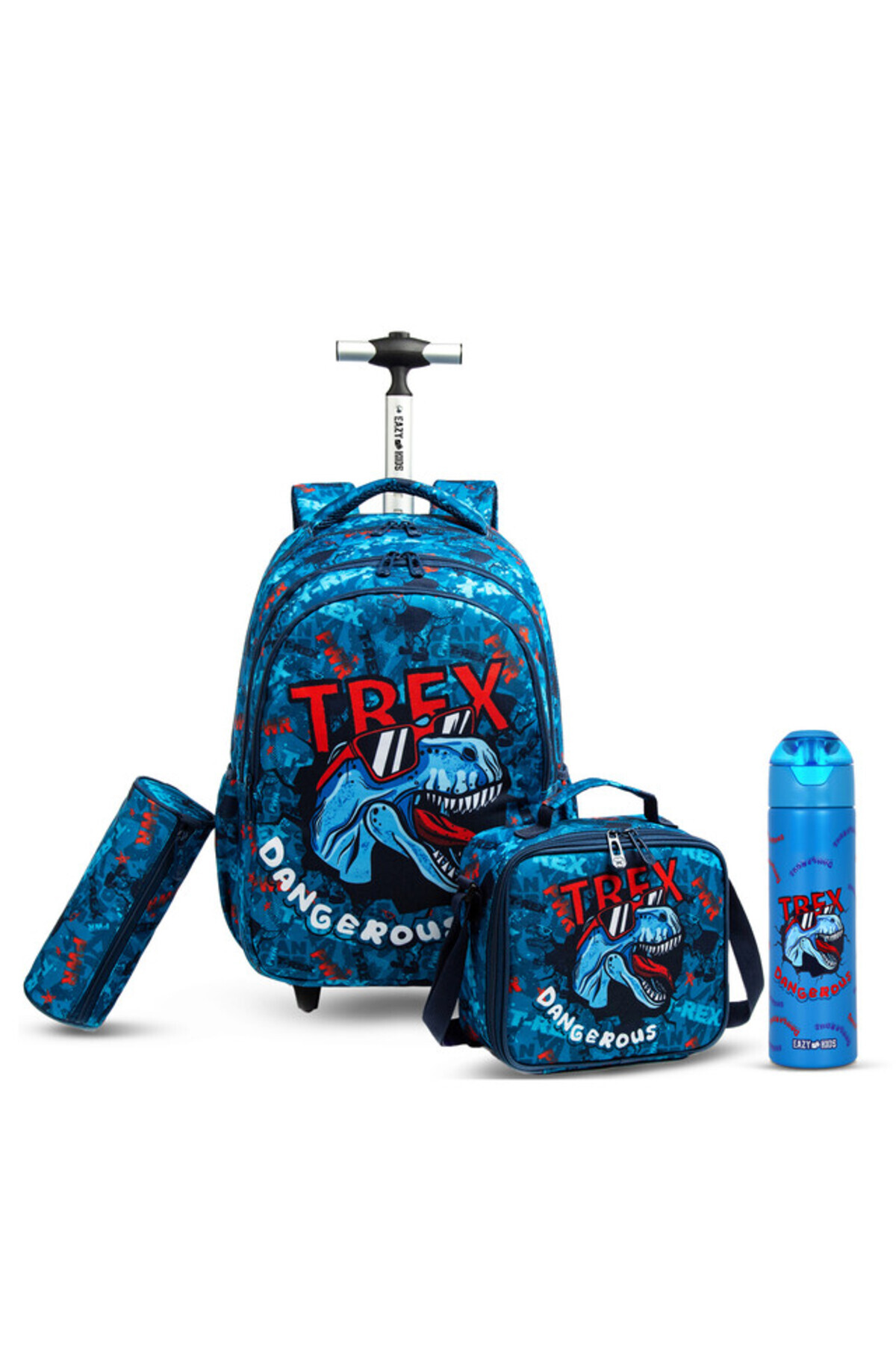 Eazy Kids 18Inch Set of 4 Trolley School Bag with Water Bottle, Lunch Bag and Pencil Case - TREX Dinosaur Blue