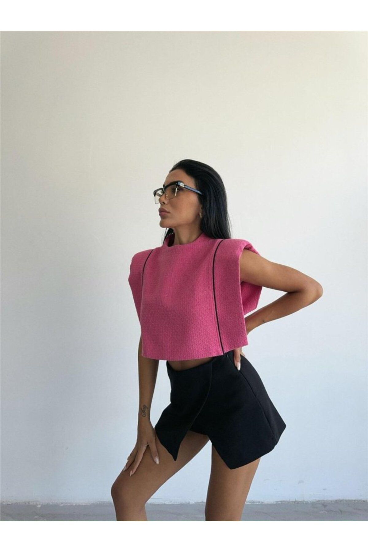 modaserdem CHANEL VATKALI CROP BLUZ - Fuşya