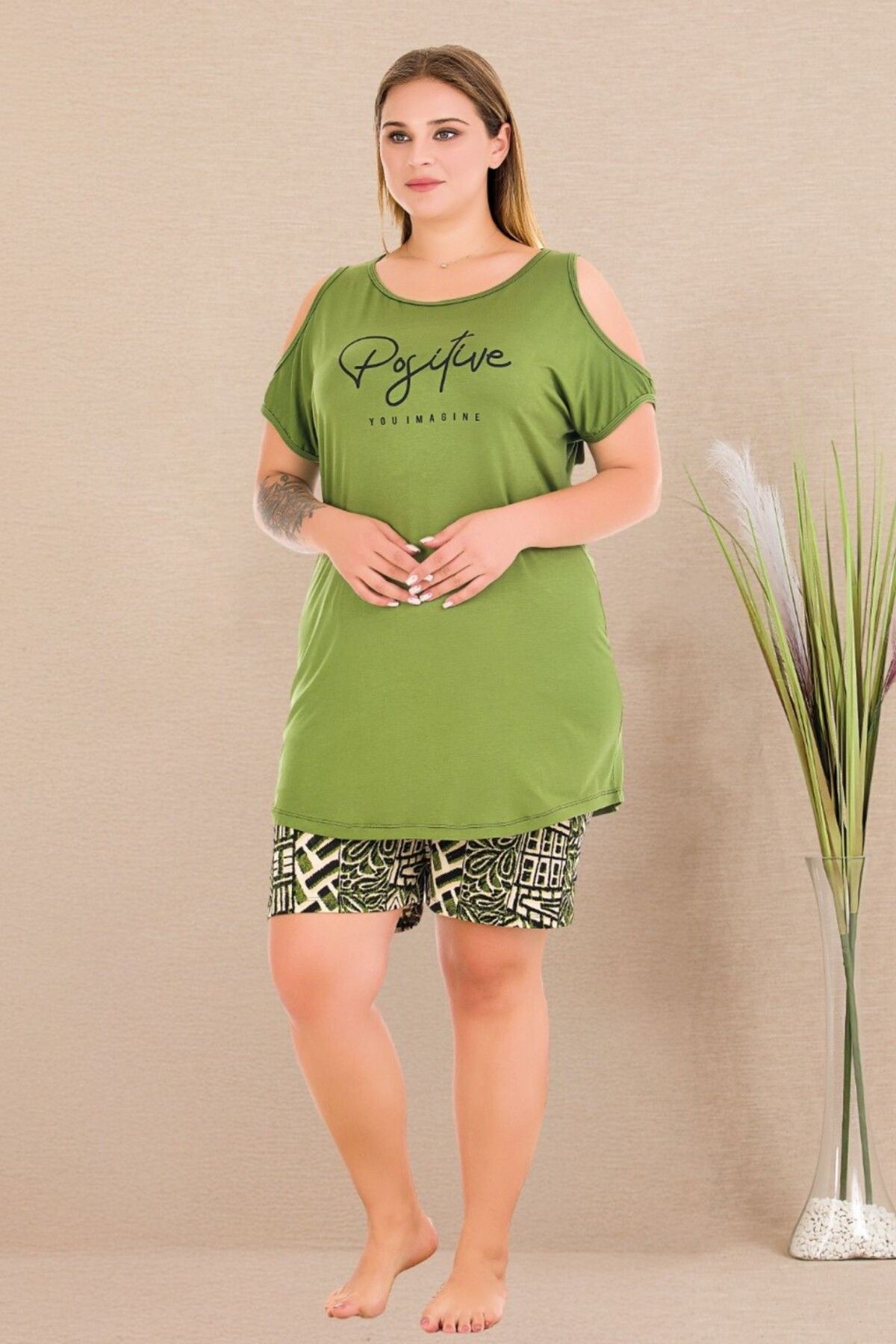 tarzımsüper-Plus Size Comfort Sleepwear Set with Bottom Top Shorts Patterned Double Cotton 2-Piece Bottom-Top Suit 1