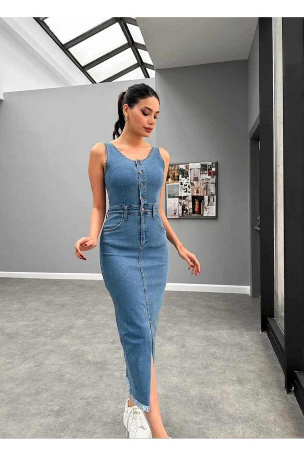 fh fashionhere Mavi Likralı Kot Jile Elbise