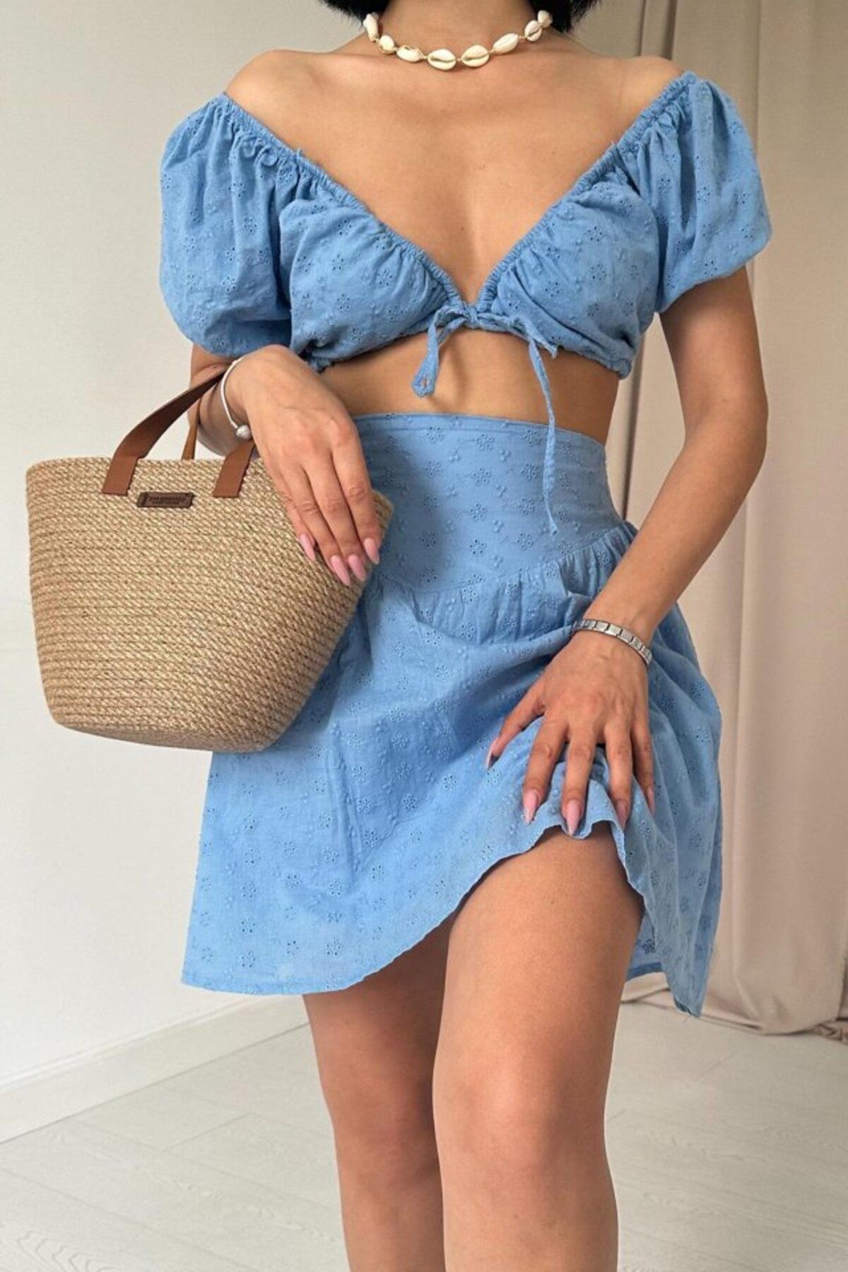 Albayrak Mavi Brode Crop Ve Mini Etek Takım