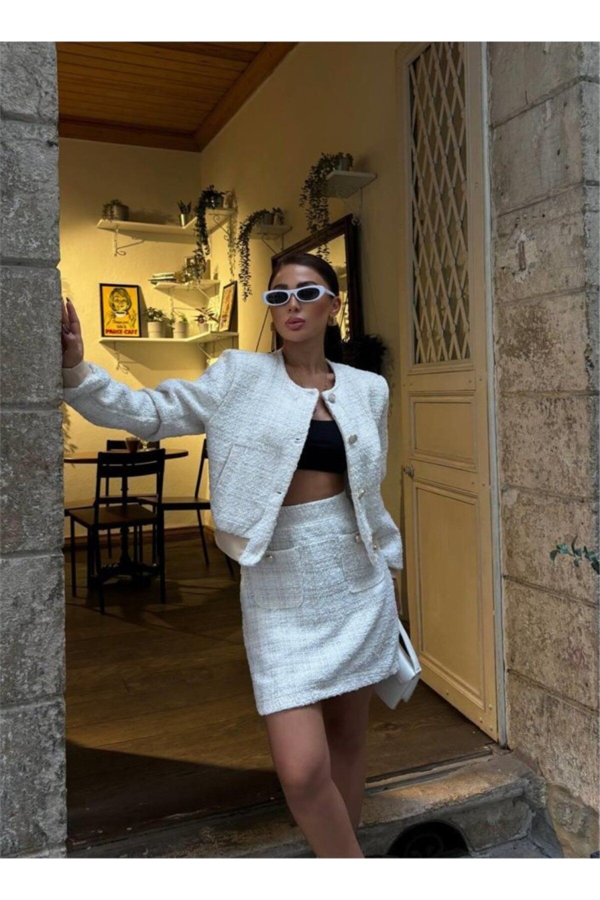 Albayrak CHANEL CROP CEKET-KISA ETEK TAKIM - Beyaz