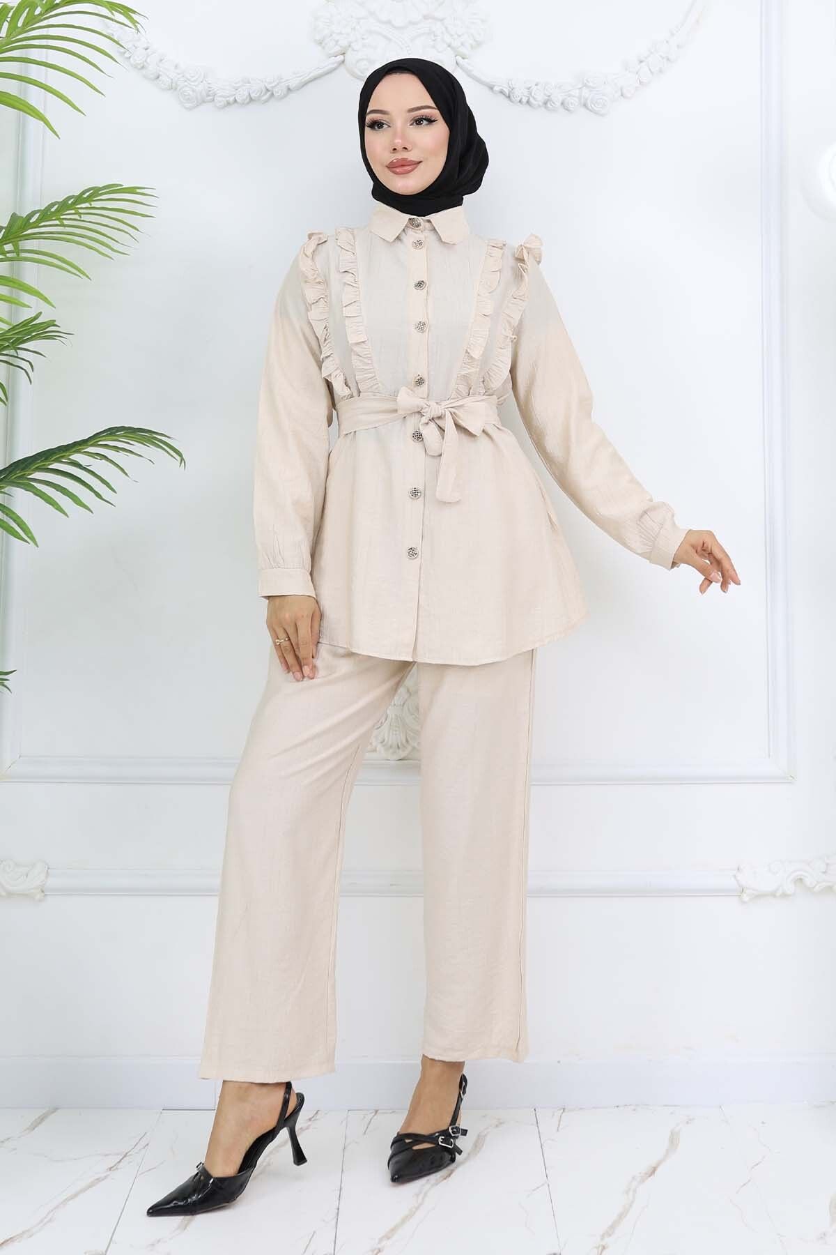 benguen-Ruffle Detailed Belted Double Suit Stone Color 4781 5