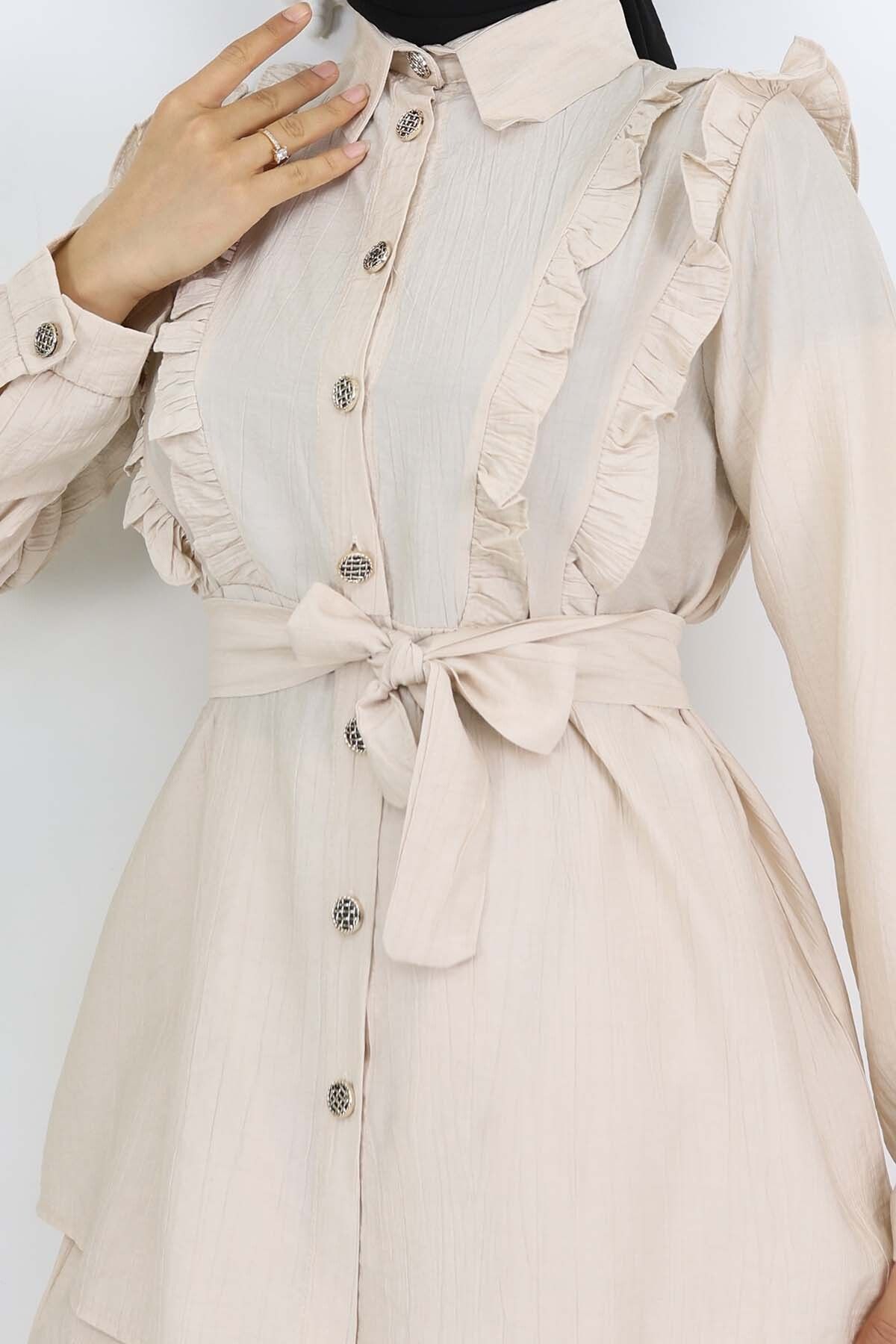 benguen-Ruffle Detailed Belted Double Suit Stone Color 4781 3