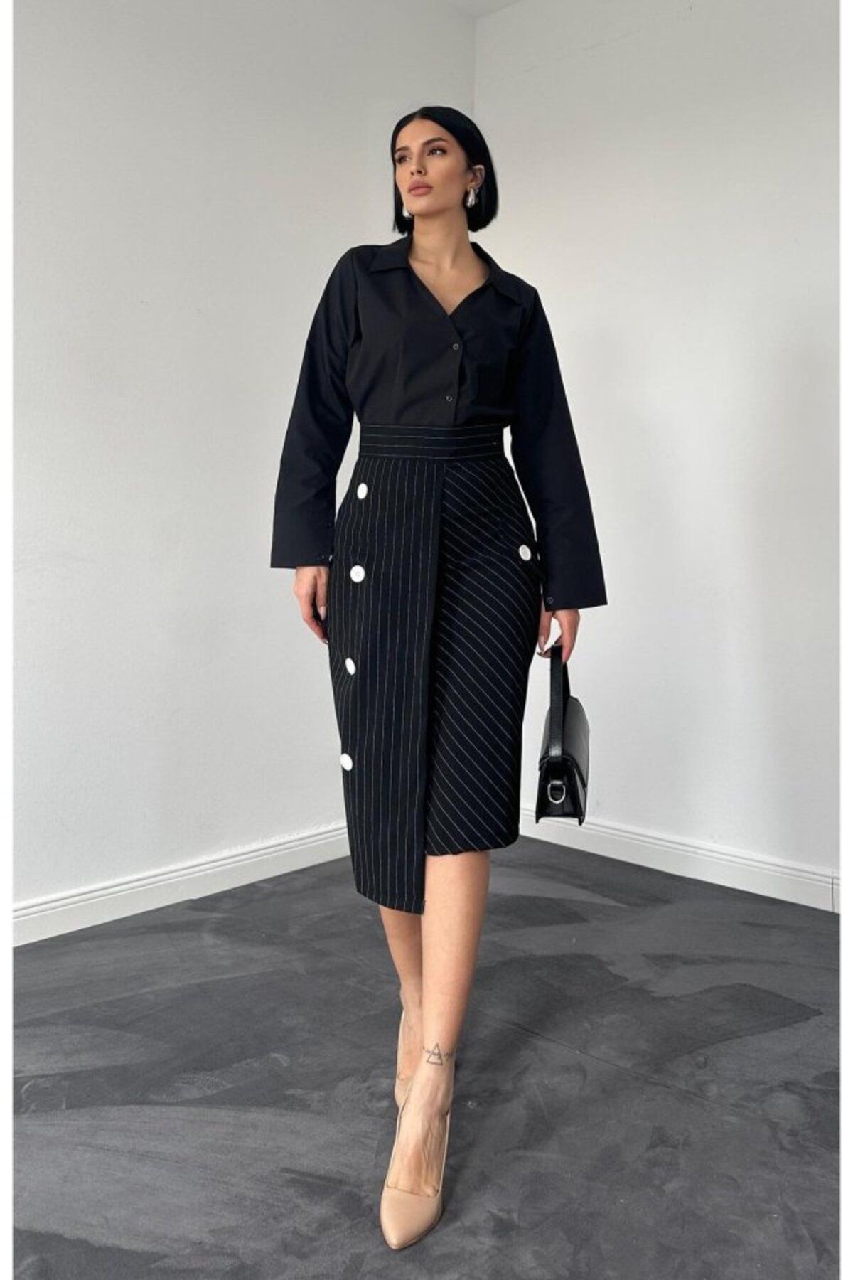 Rose's Boutique All About Women Rose's Boutiqe All About Women Siyah Çizgili Poliviskon Etek