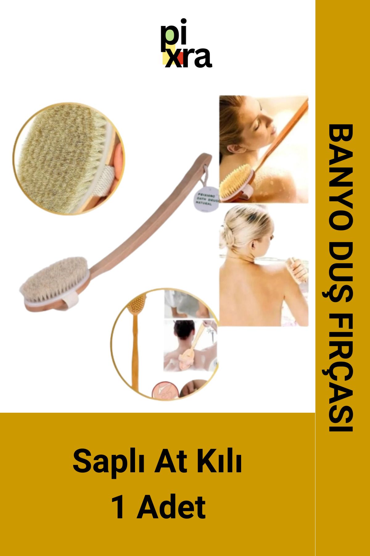 Pixra Kılı Banyo Fırçası - Selülit Önleyici, Yumuşak, Doğal, Uzun Saplı, Vücut Masajı İçin