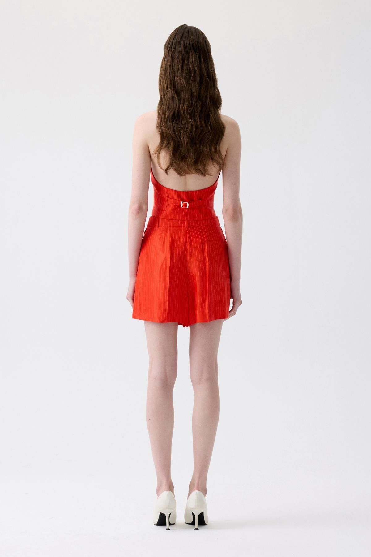 rue.-Striped Mini Red Shorts with Pile Detail 6