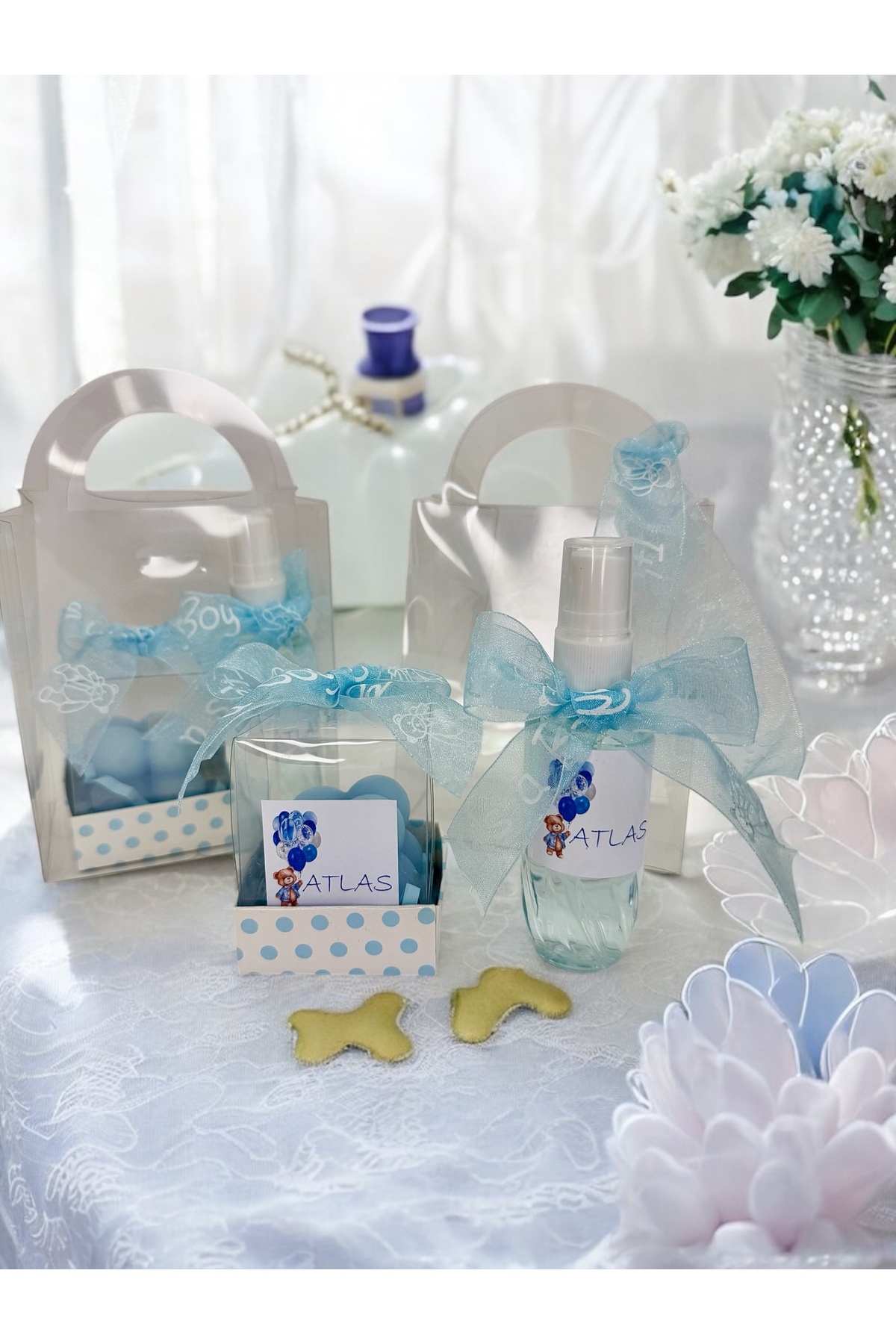 cacagift design Bebek Hediyelik Doğum Ve Doğumgünü 10'lu Çantalı Kolonya Ve Mum Seti fotoğrafı 4 (önizleme)