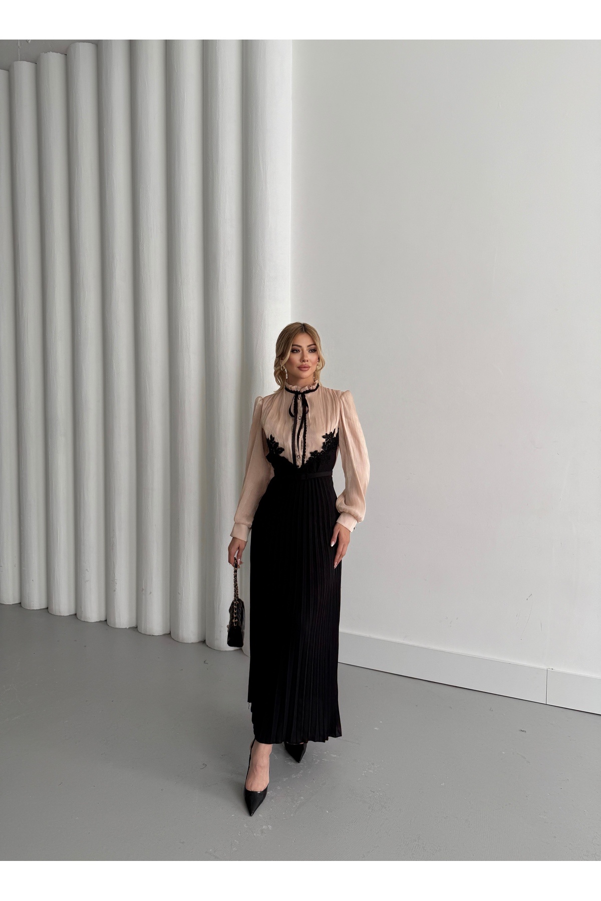 1Moda1Tarz-Rochie de damă din țesătură din șifon Yoryo, argintiu, importată, cu dantelă, cu pliuri, căptușită cu panglică, cu design special 4