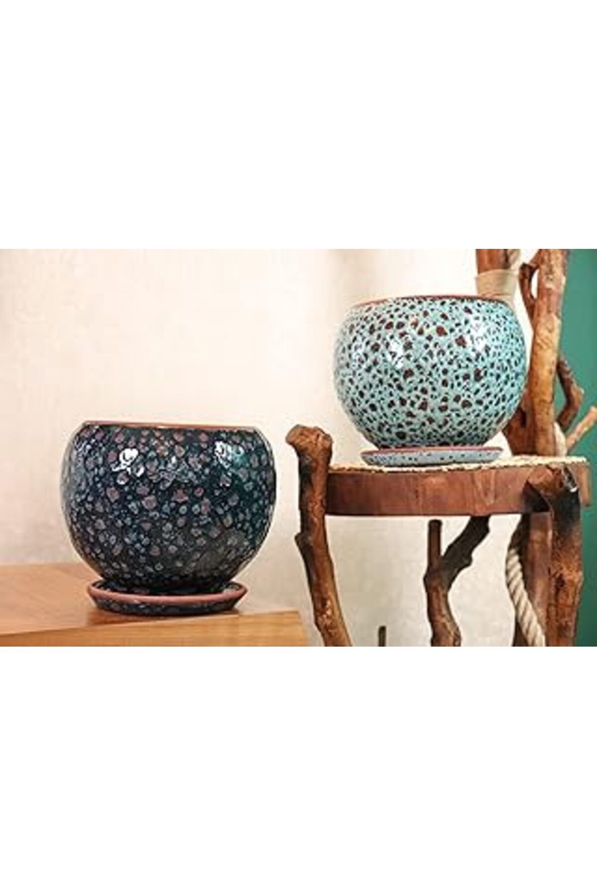 Mu Art Ahşap Bitki Tasarımı Ev Dekorasyon Lacivert Şekilli Ve Turkuaz Şekilli Artistik Çift Sırlı İç Ve Dış Meka