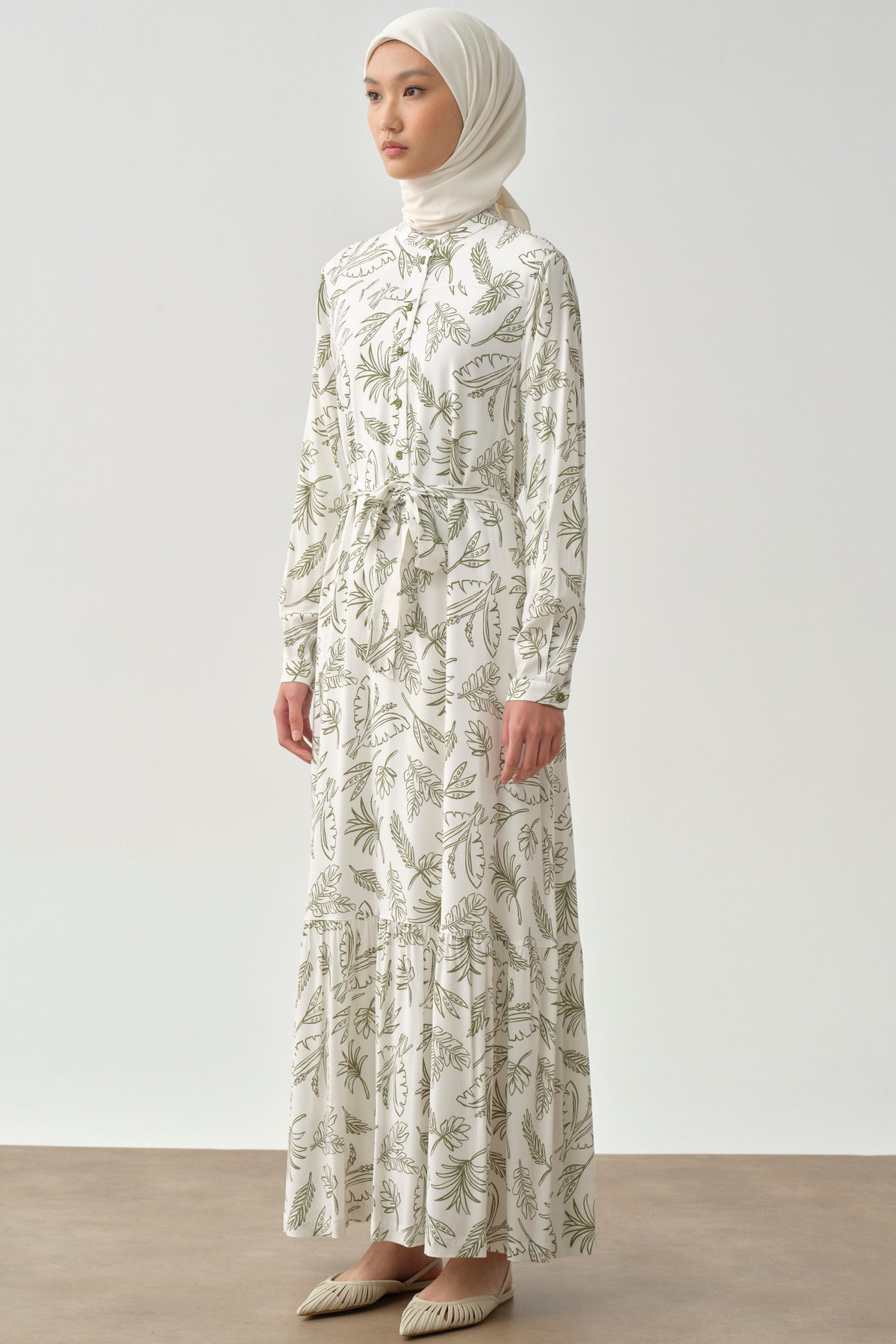 لباس مجلسی طرح‌دار کمربنددار - زیتونی Tuğba