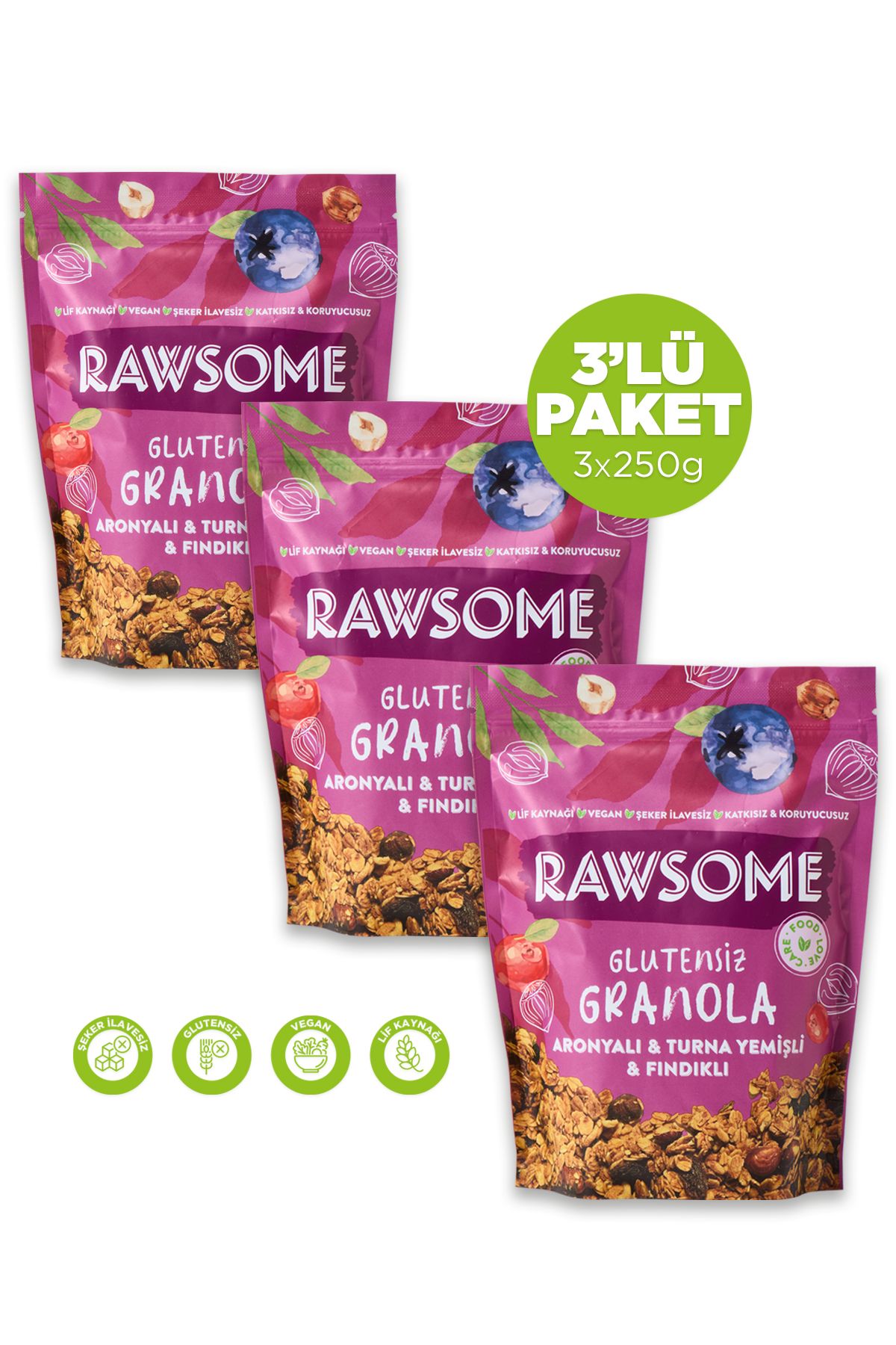 Rawsome 3'lü Glutensiz Aronyalı & Turna Yemişli & Fındıklı Granola 3x250g
