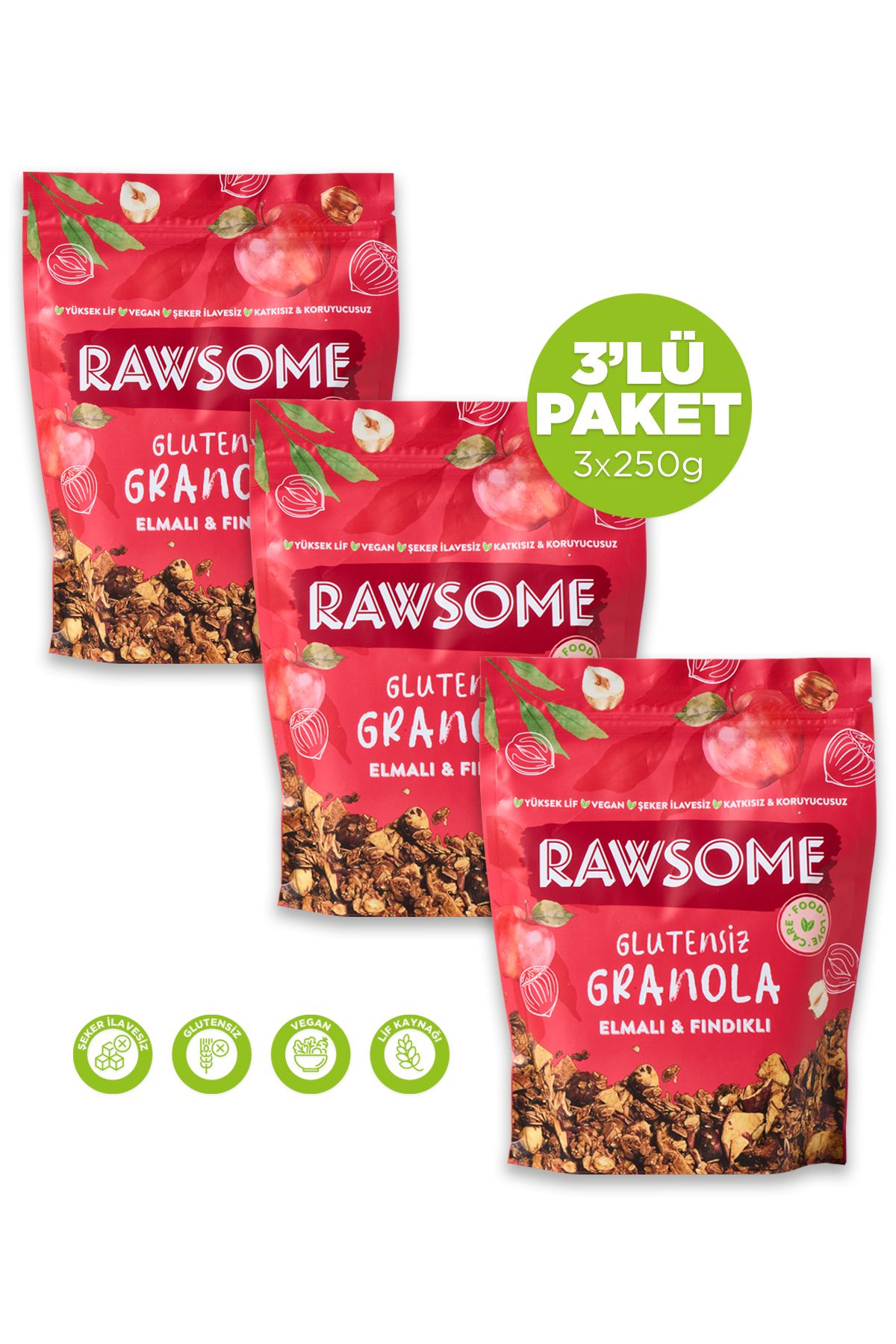 Rawsome 3'lü Glutensiz Elmalı & Fındıklı Granola 3x250g