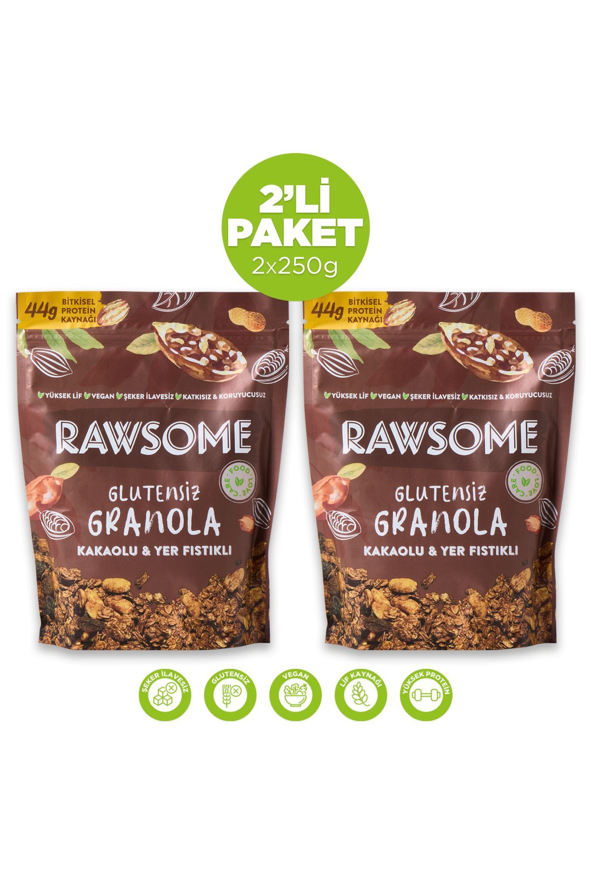 Rawsome 2'li Glutensiz Yerfıstıklı Kakaolu Granola 2x250g