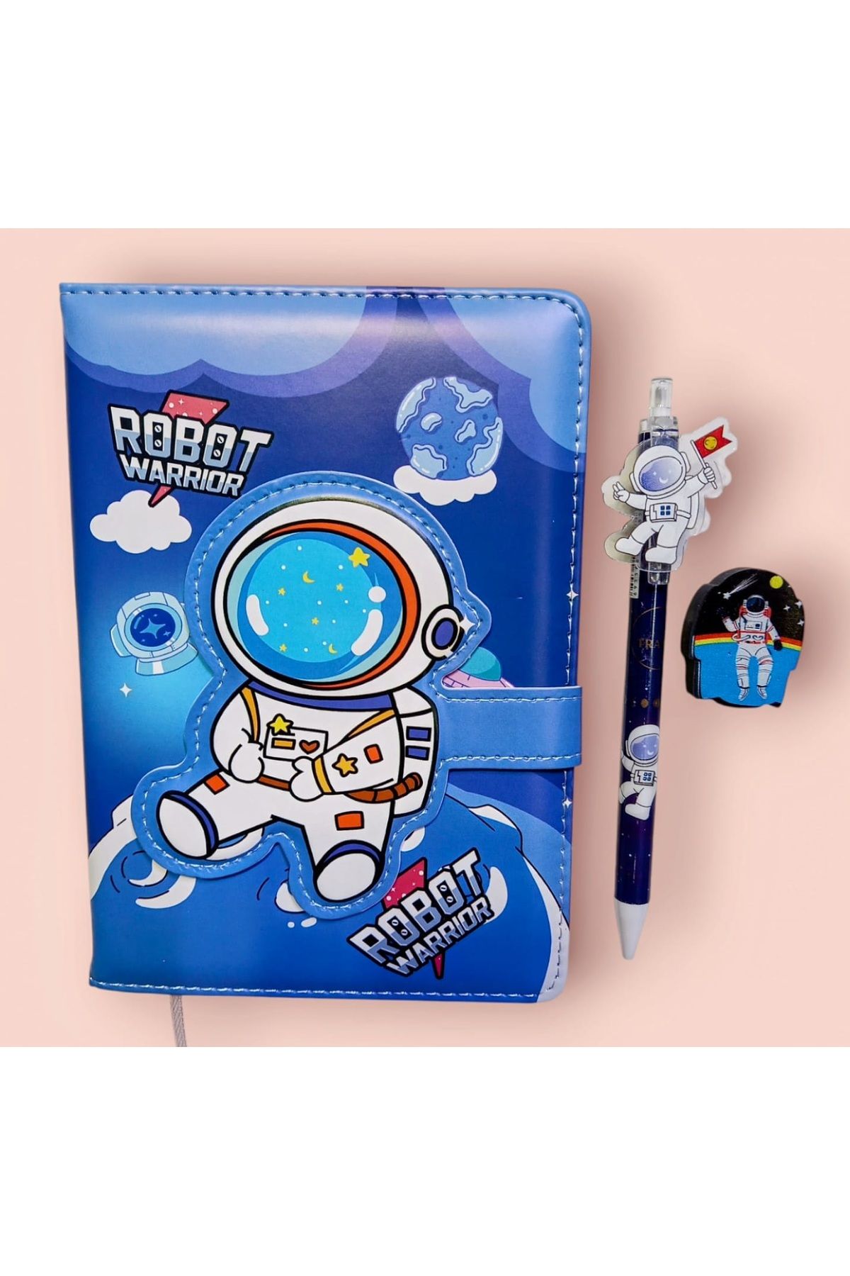 izmir yazici servis-Astronaut Patterned Souvenir Notebook with Magnetic Cover 0.7 Tip Pencil Eraser Gift Memory Diary 3