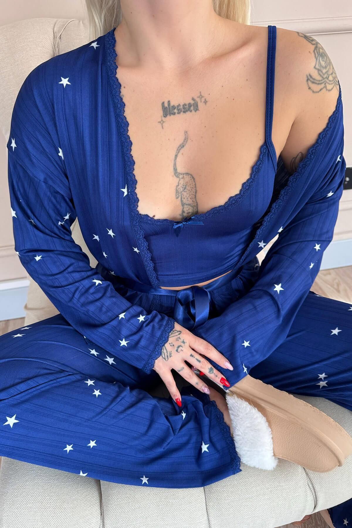 Pijamaevi-Midnight Blue Nuit Stellaire Patterned Marlenka Pajama Set with Dressing Gown 5