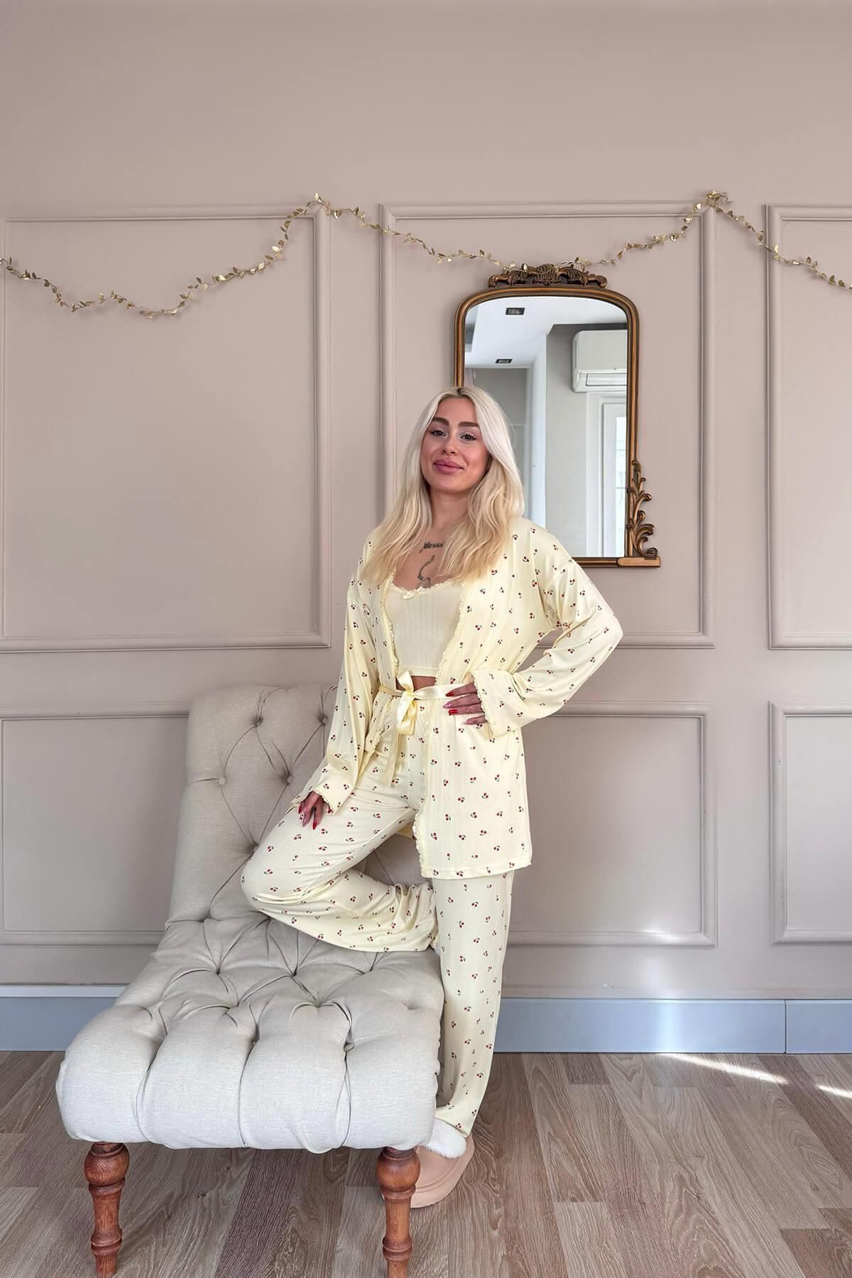 Pijamaevi-Vanilla Cherry Blossom Patterned Marlenka Pajama Set with Dressing Gown 6