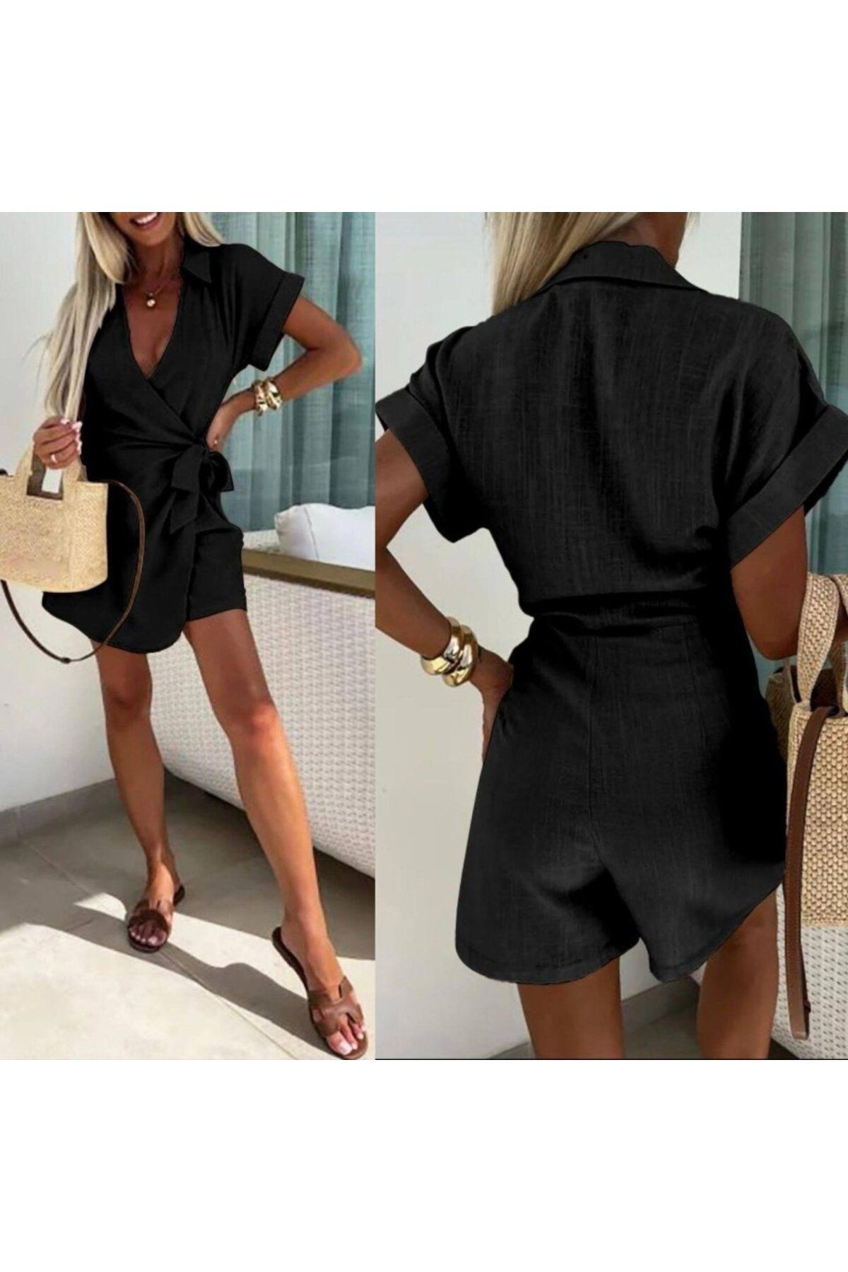 velmorafashion Kadın Keten Kumaş Gizli Fermuar Ve Belde Kuşak Detaylı Tulum