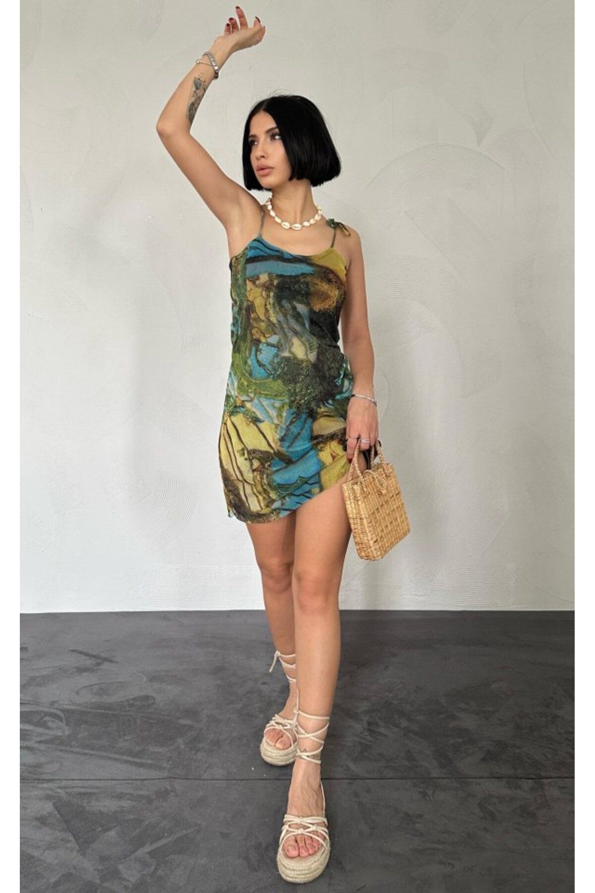 velmorafashion Desenli Askılı Bastik Elbise