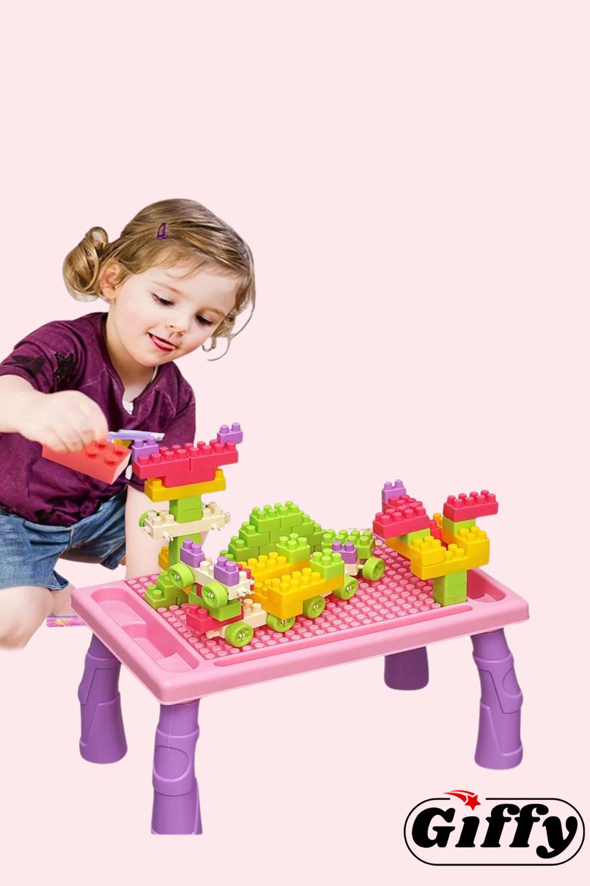 giffy-مجموعة مكعبات البناء وطاولة الأنشطة التعليمية المكونة من 100 قطعة من Toy Pink 5