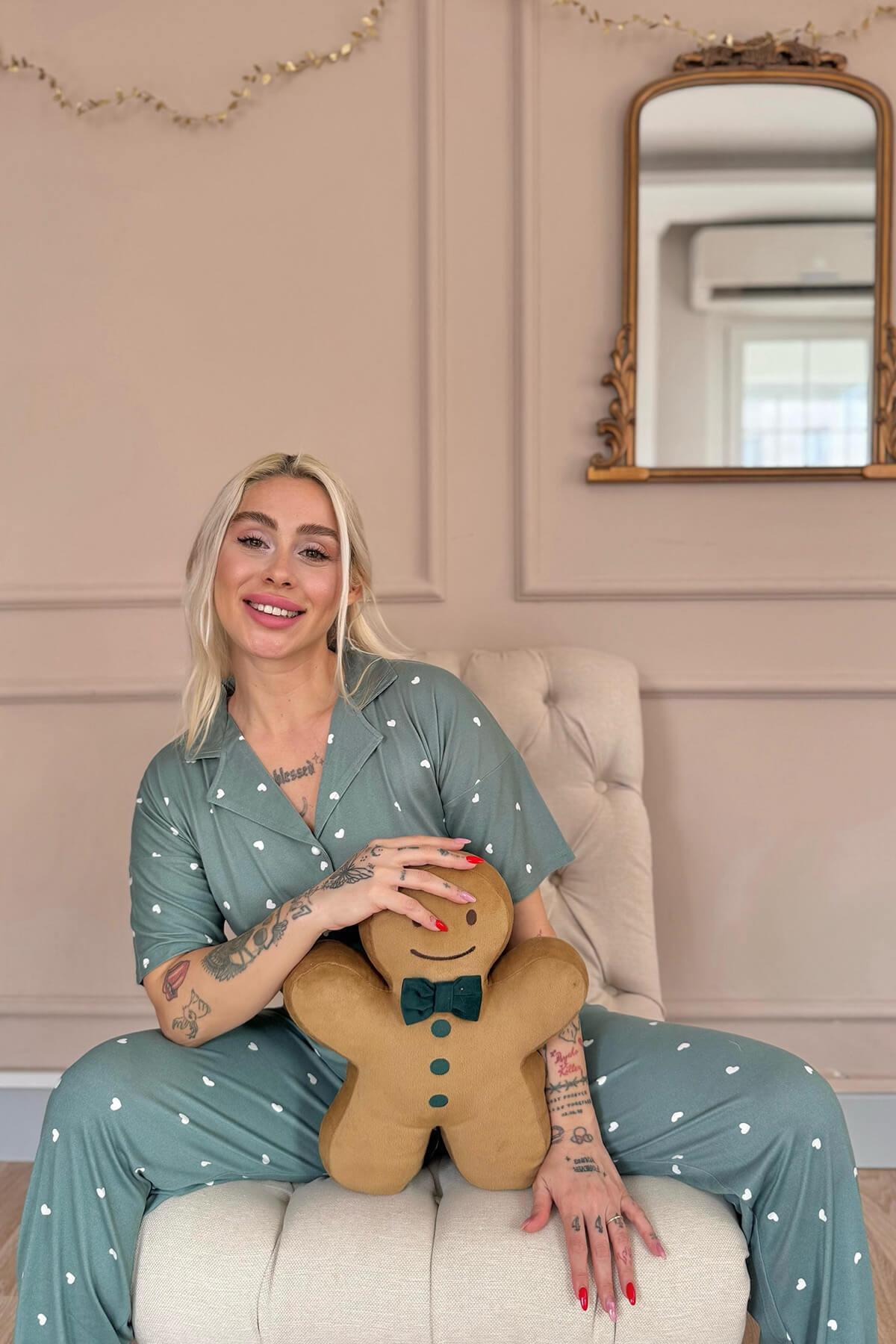 Yeşil Heart Desenli Bambu Önden Düğmeli Kısa Kol Pijama Takımı 5