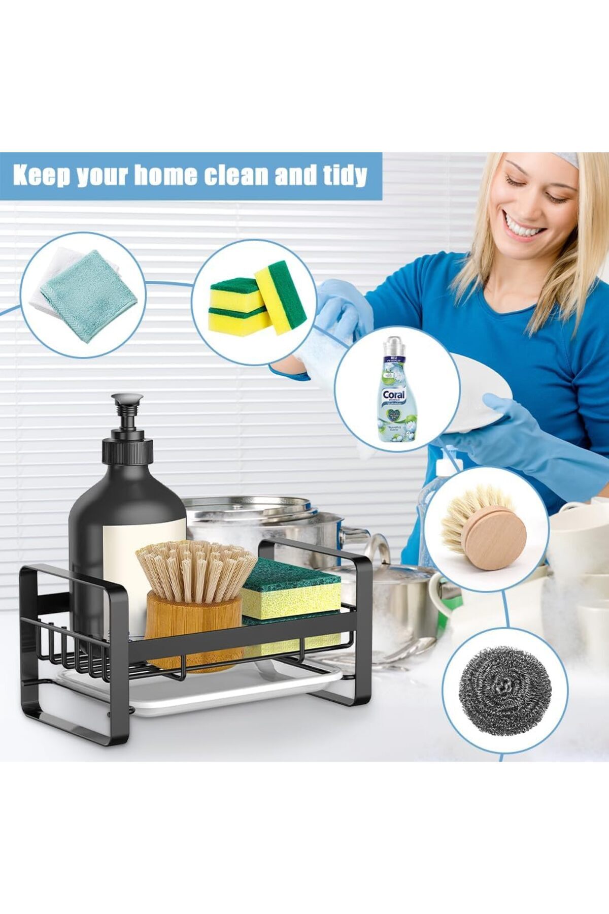 COOYA-Sink Shelf, Soap Sponge Drain Rack Holder, Rustproof Stainless Steel Dish Sponge Organizer 5