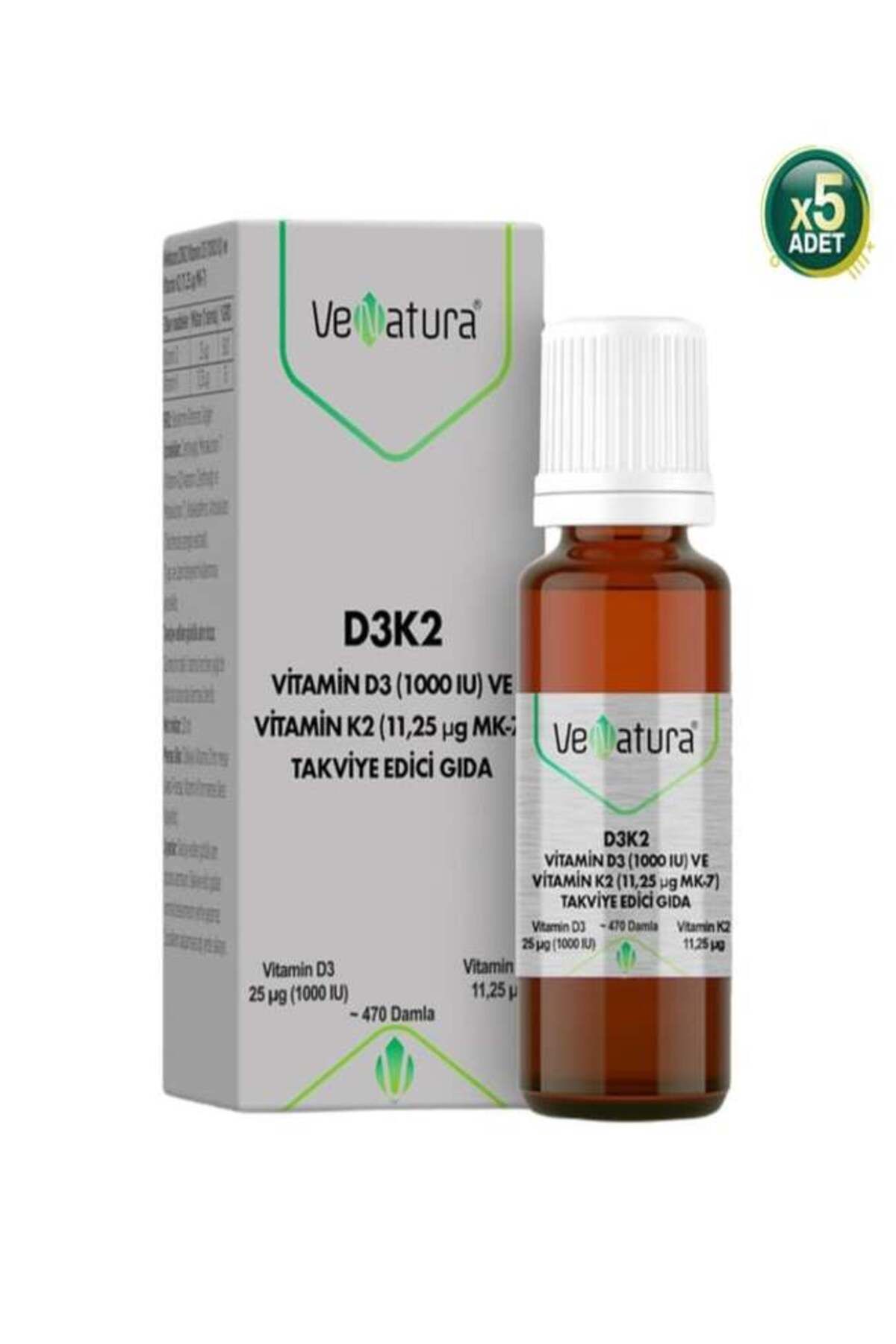 VeNatura D3k2 Vitamin D3 Ve K2 (11,25 MCG MK-7) Damla 20 ml - 5 Adet