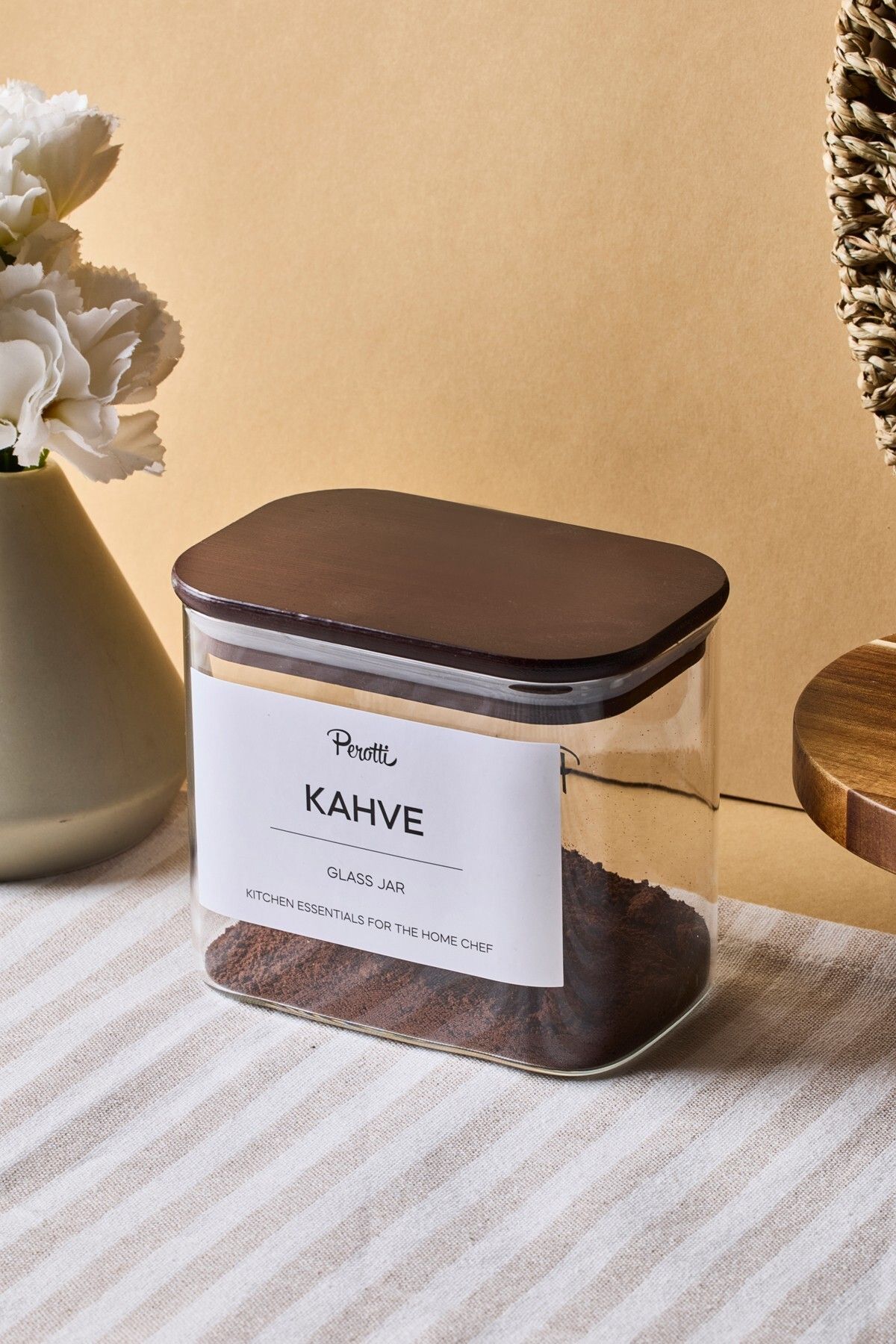 Perotti-Peyton Acacia Lid Borosilicate Rectangular Glass Jar 800 ml 8X12X10 cm 4 Pieces with Labels 3