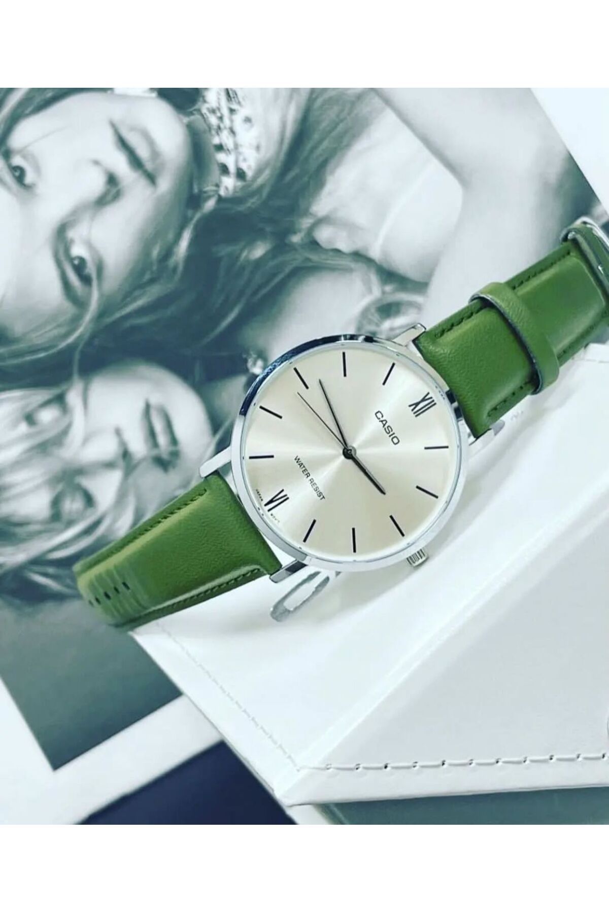 Casio-Casio Unisex Analog-Digital Watch with Leather Strap MTP-VT01L-3BU 40mm - Green 3