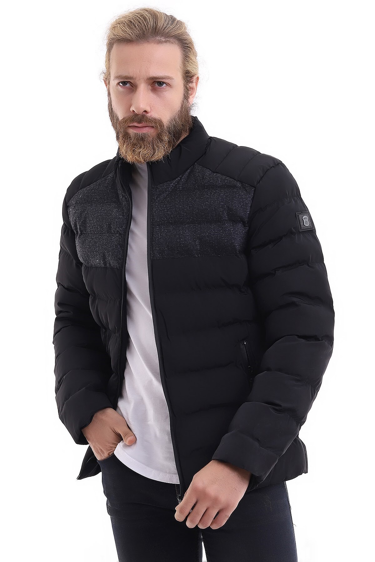 Erkek Siyah Su ve Rüzgar Geçirmez Dik Yaka Şişme Kaban & Mont görsel 3