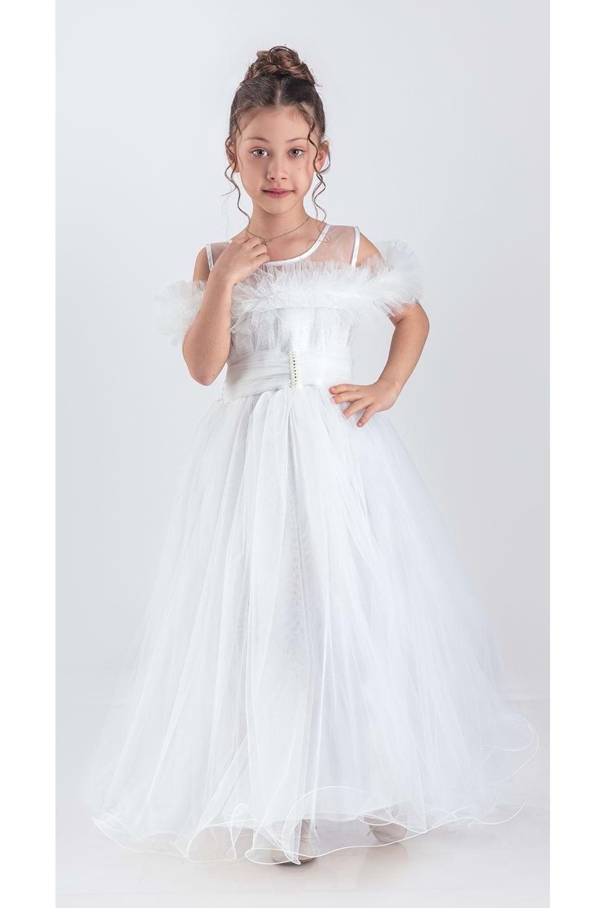 Mnk Baby&Kids Uzun Etek Kız Çocuk Robası Şifon Abiye M00723 BEYAZ