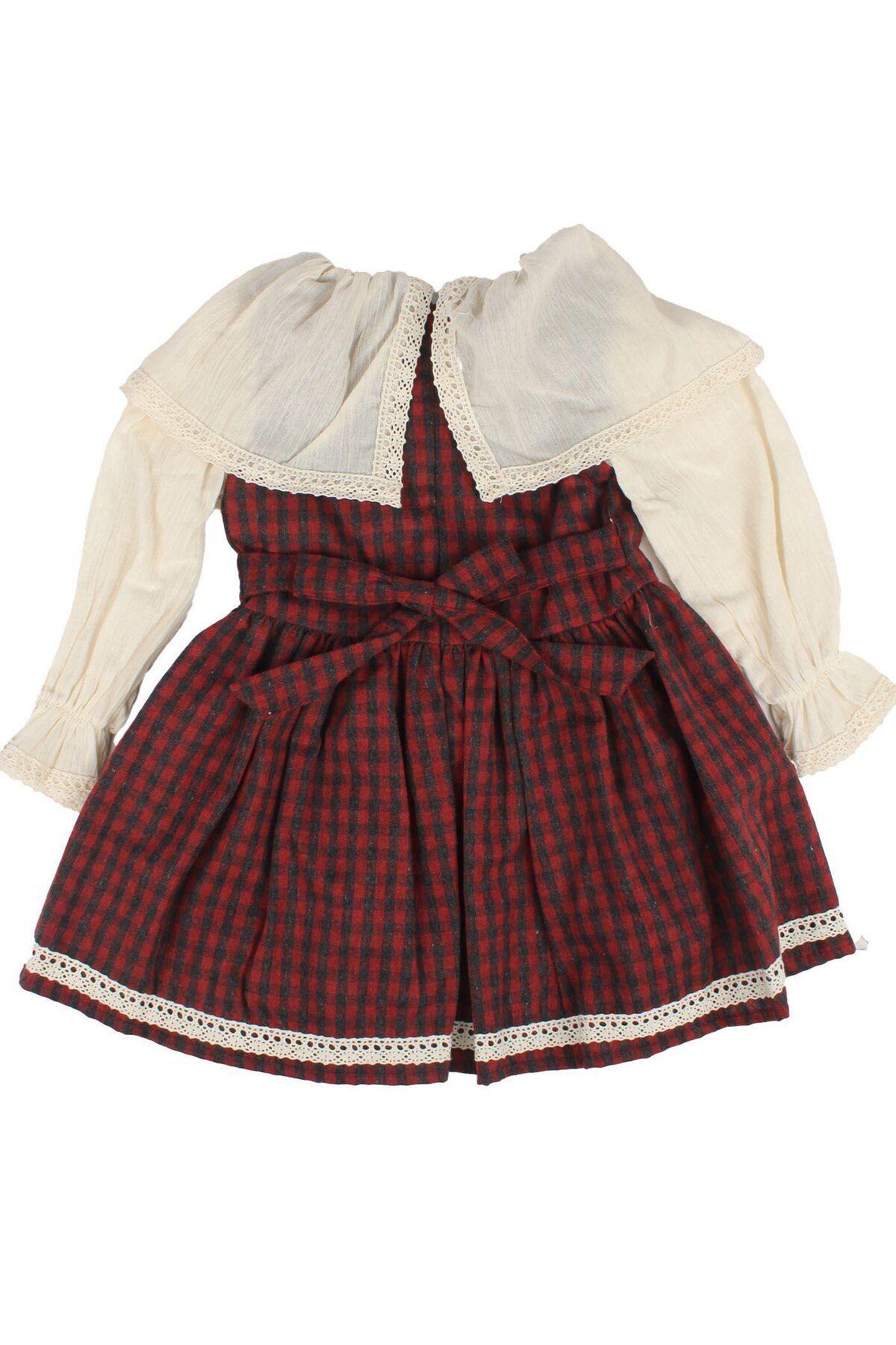 bebegen-Girl's Ecru Red Plaid Patterned Collared Scalloped Flower Embroidered Dress 3