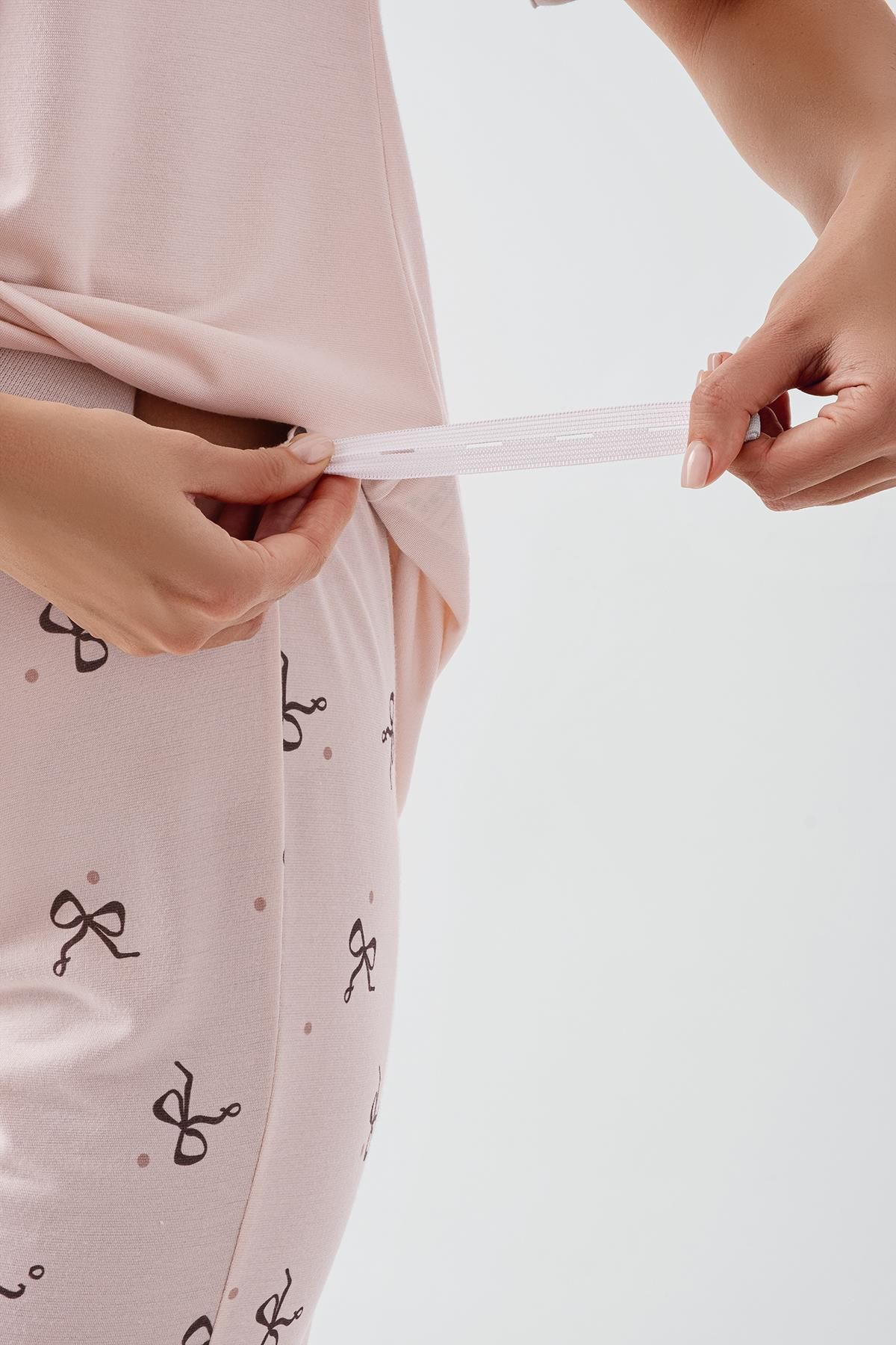 Artış-Bow Patterned Buttoned Short Sleeve Stretchy Viscose Maternity Pajama Set 4