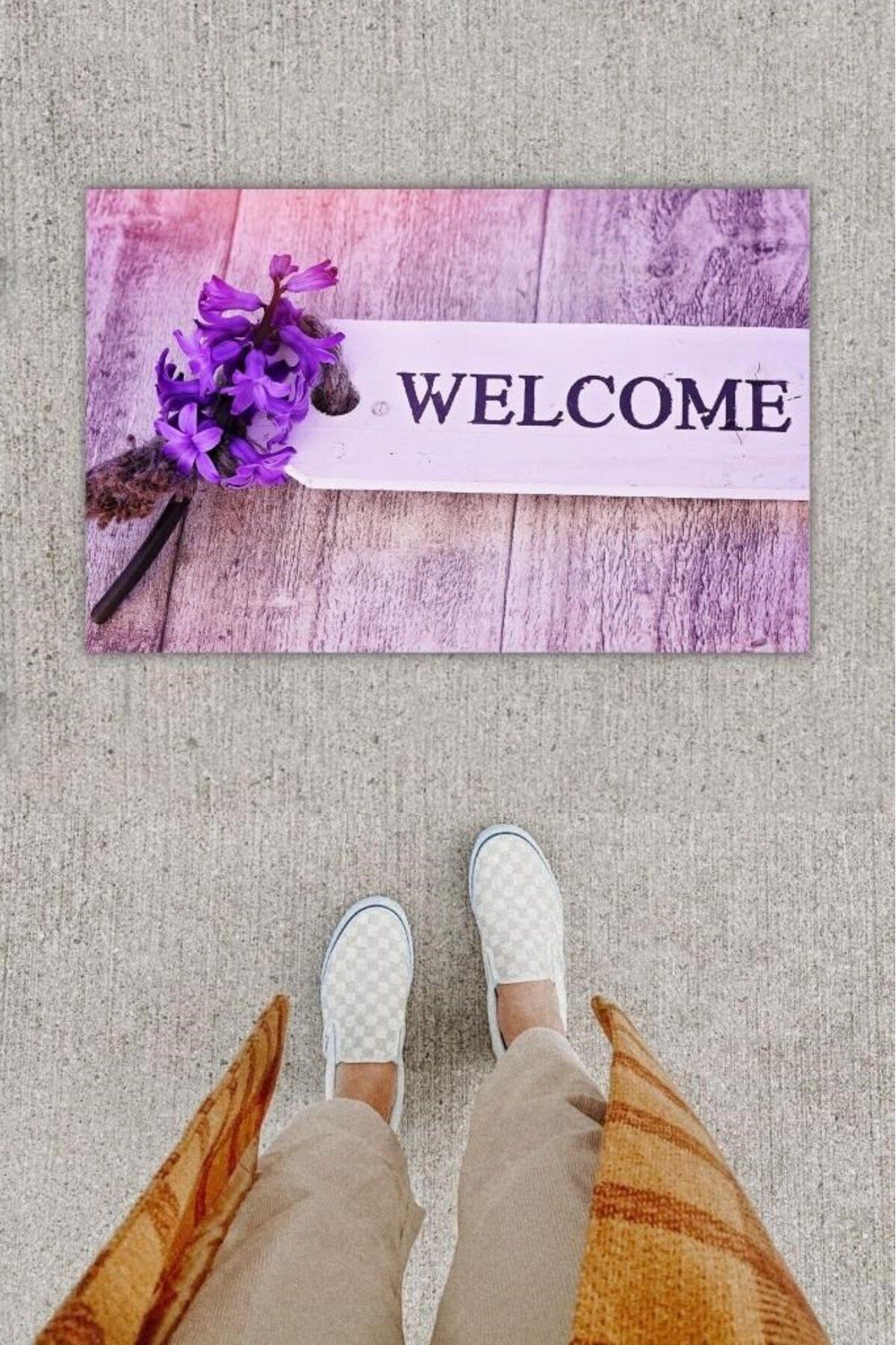 Tahtakale Toptancısı Dijital Baskı Dekoratif Welcome Lila Kapı Önü Paspası K-1254