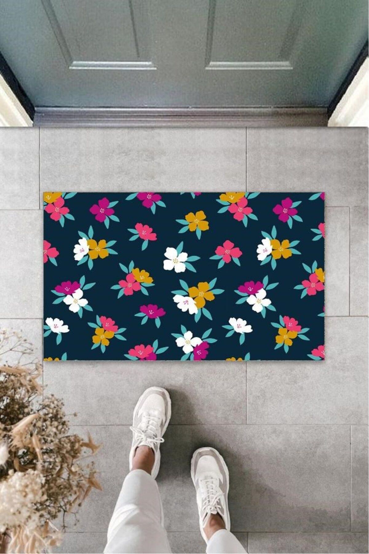 Tahtakale Toptancısı Koyu Pembe Kapı Önü Paspası Çiçekler Desen K-3251